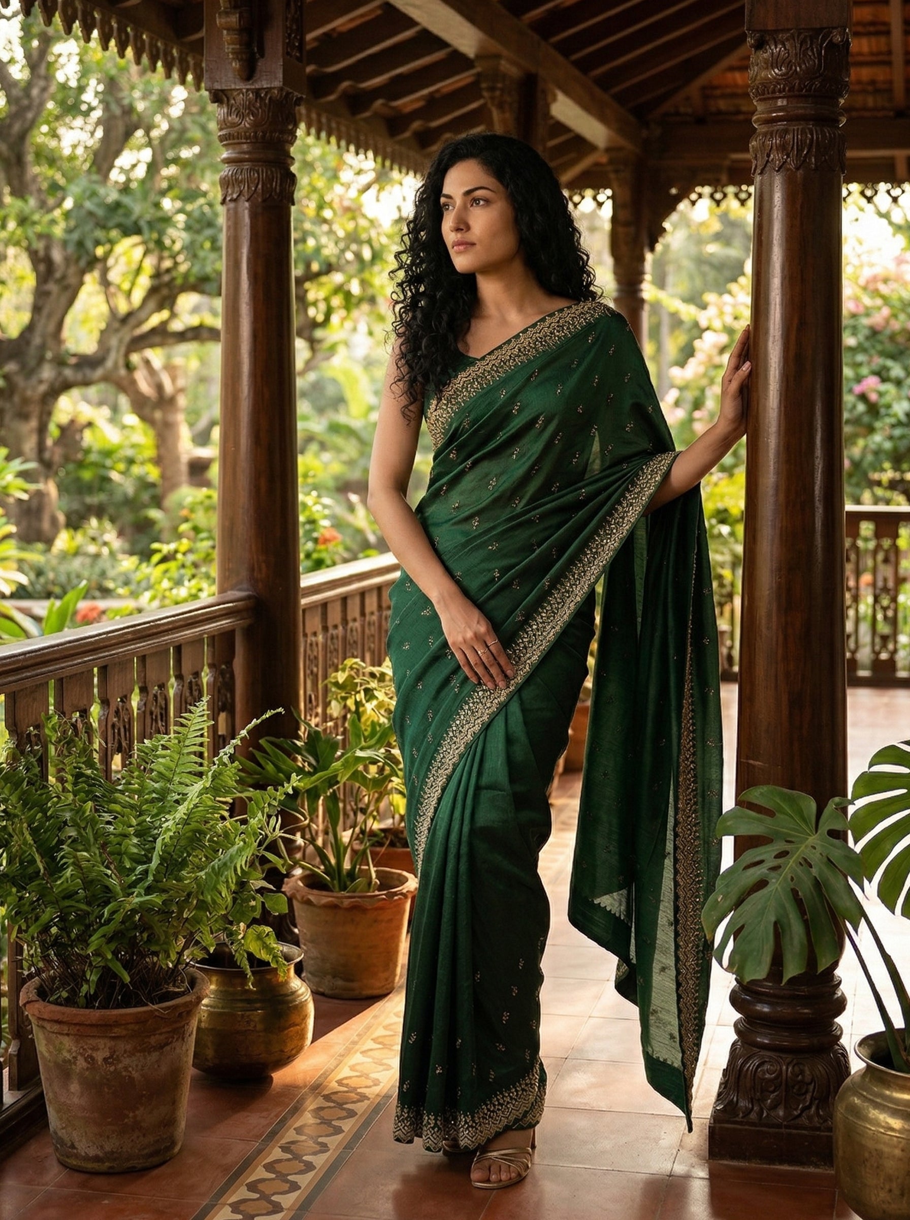 Buy Vijithra Silk Elegant Green Stone Work Party Wear Saree