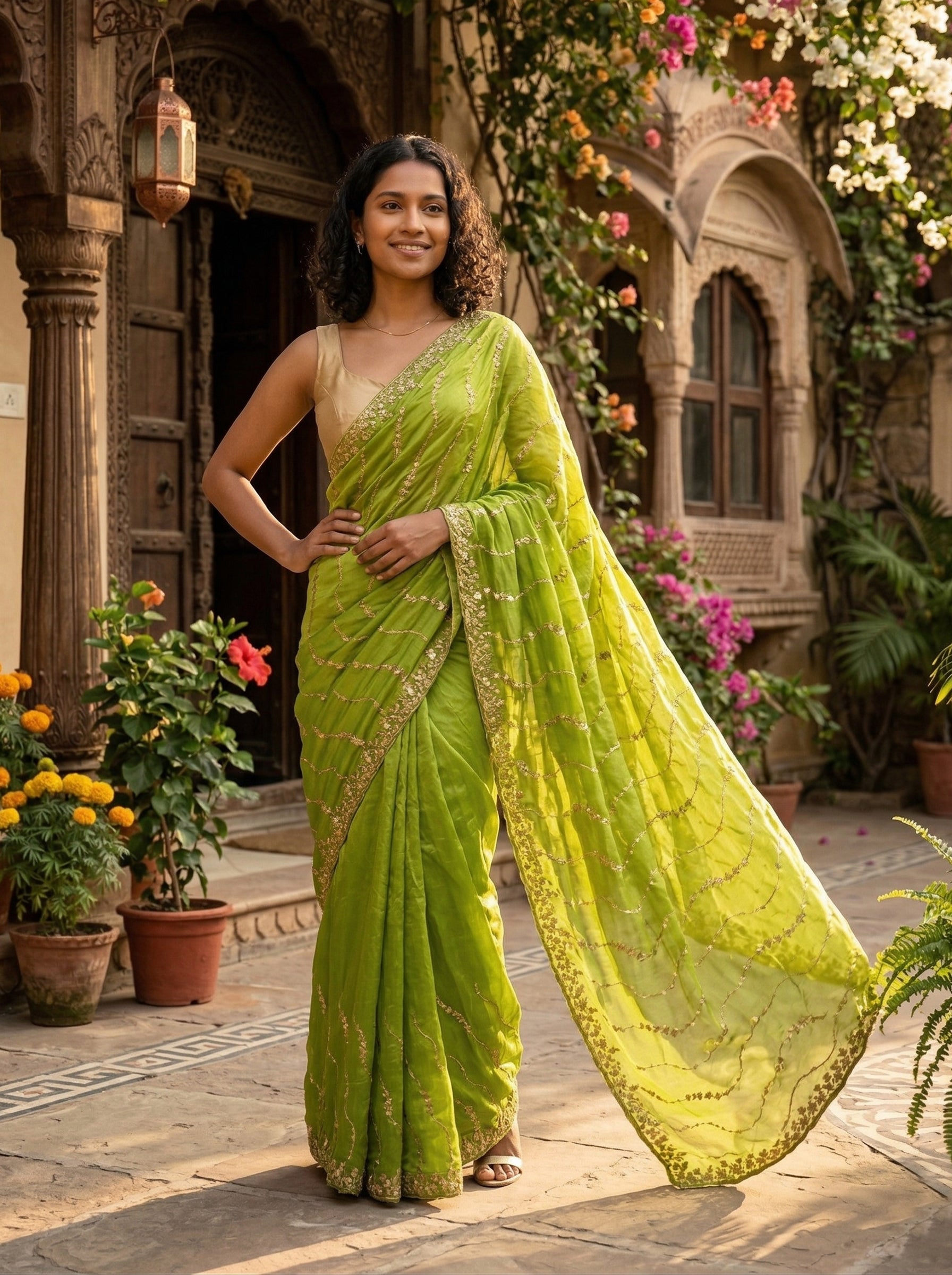 green saree dress design Organza Parrot Floral Sequence Work Designer vt::Dresses::Pattern::Floral Jacket Size:US Jacket 38 Lace Embellished White Mini Elevate your ethnic wardrobe