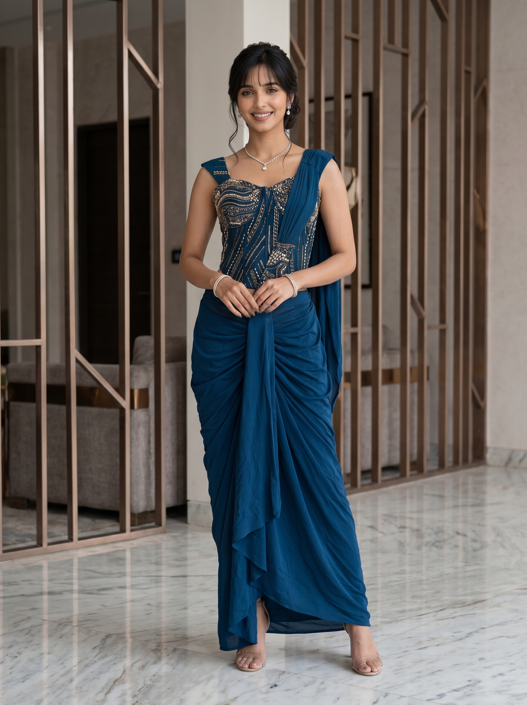 Lycra Satin Royal Blue Ready-to-Wear Designer Saree with Hand Embellished Blouse
