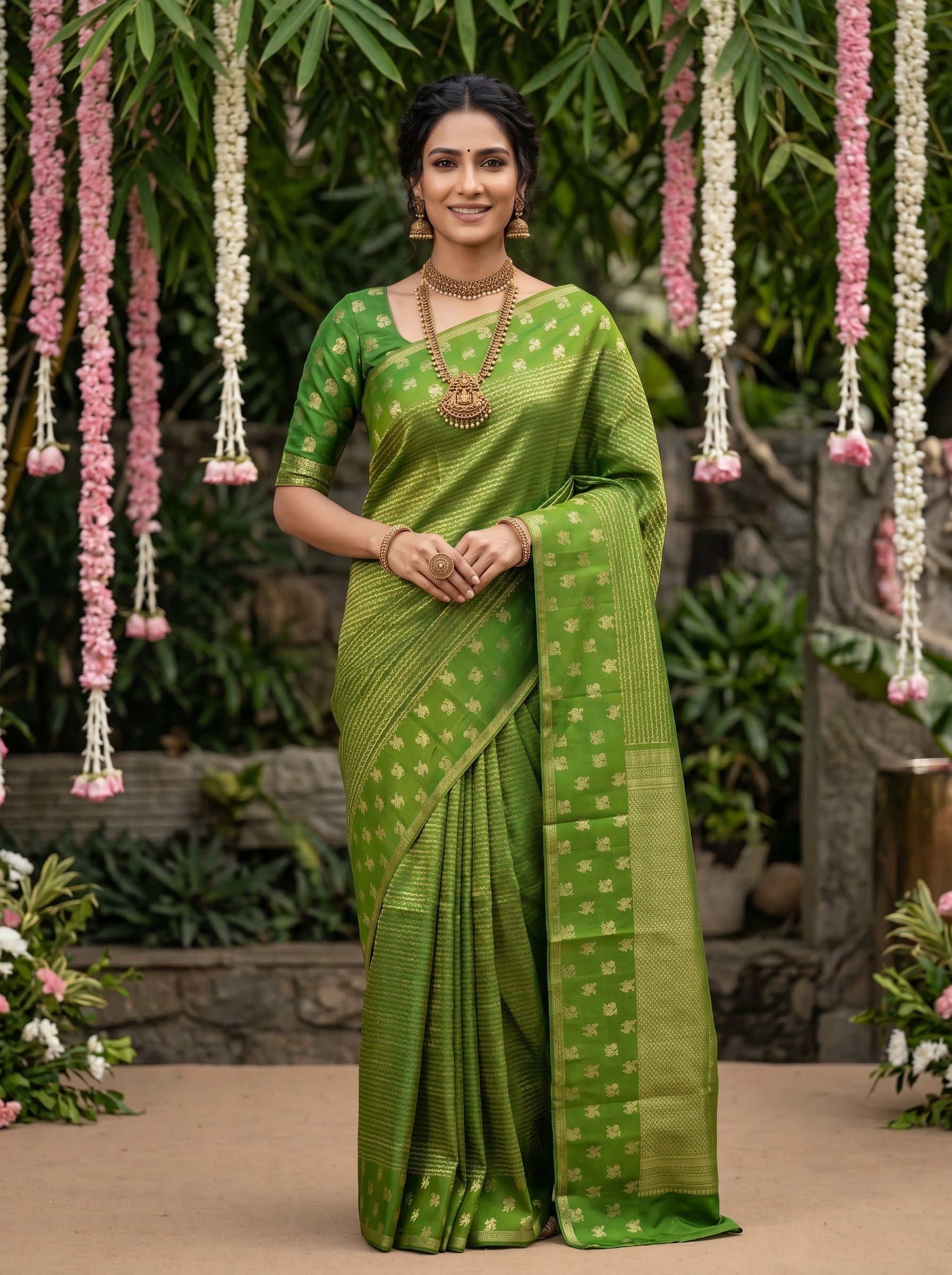 parrot green indian dress Kanjivaram Saree with All-Over Chevron Weave & Gold Floral Border global-size-ONE-SIZE