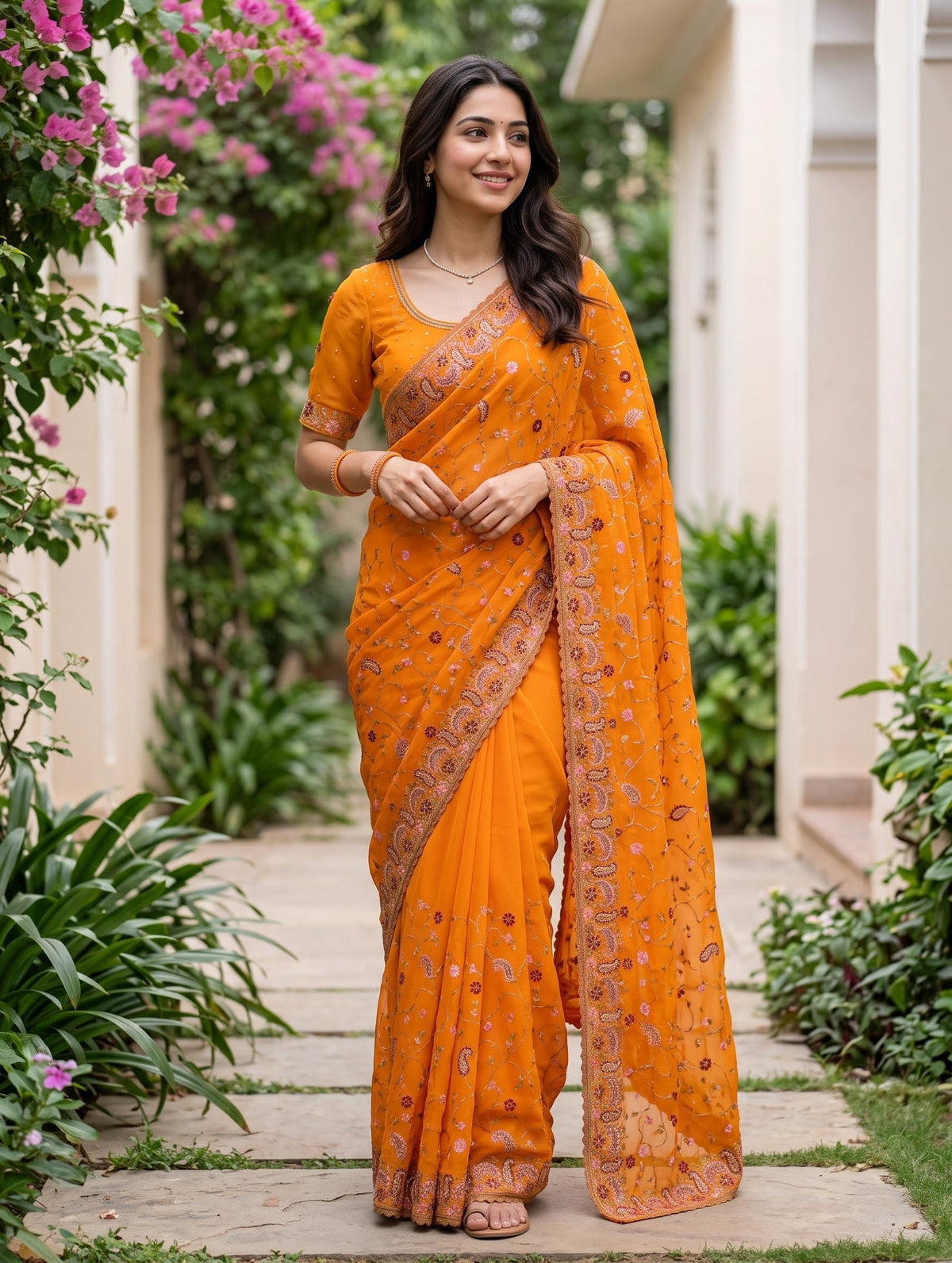 A woman wearing a bright orange saree with intricate paisley and floral embroidery, standing on a stone pathway in a garden setting with green plants and pink flowers.
