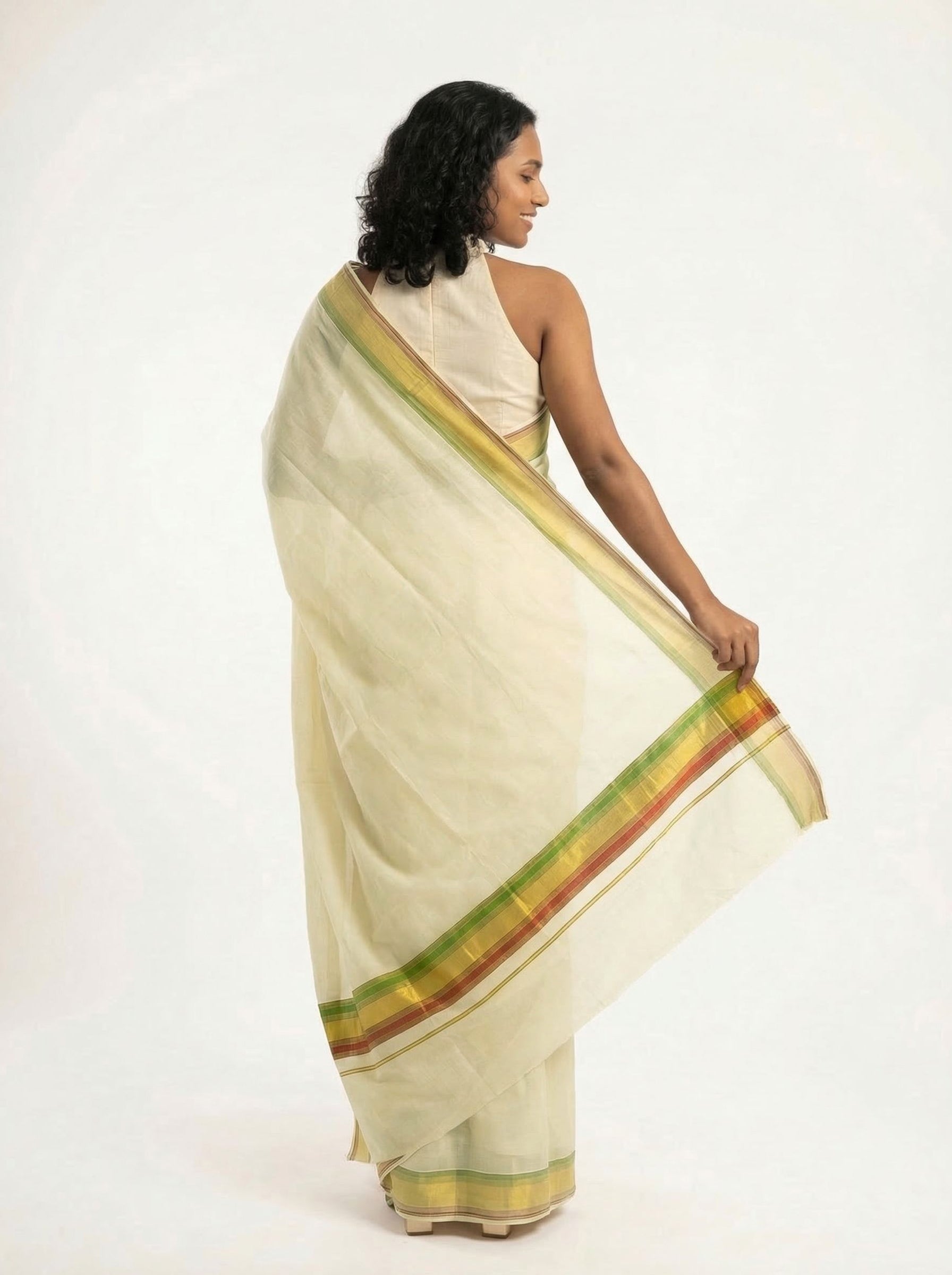 Cotton Cream Multicolor Border Set Saree with Plain Body