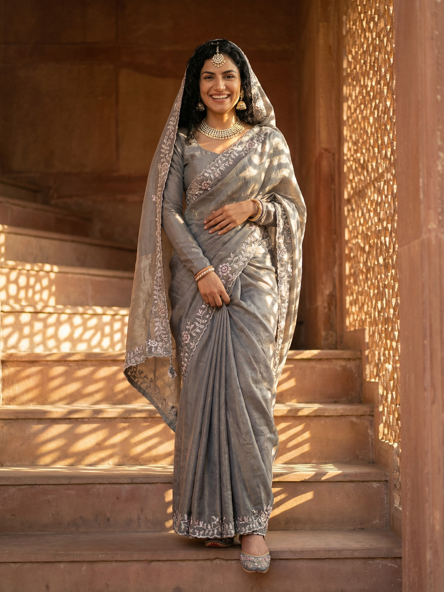 Royal Metallic Grey Signature Embroidered Saree