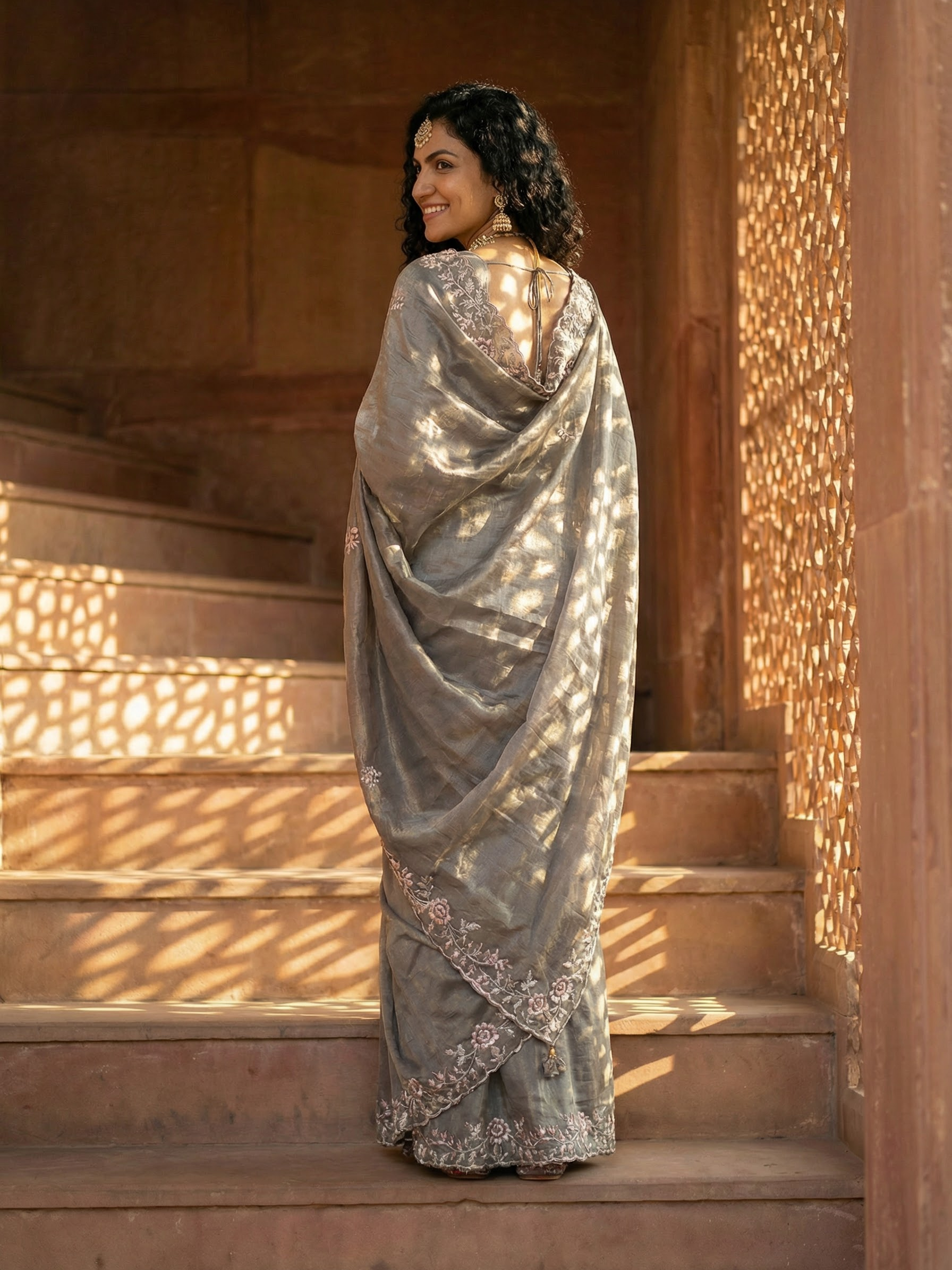 Organza Grey Floral Embroidery Saree
