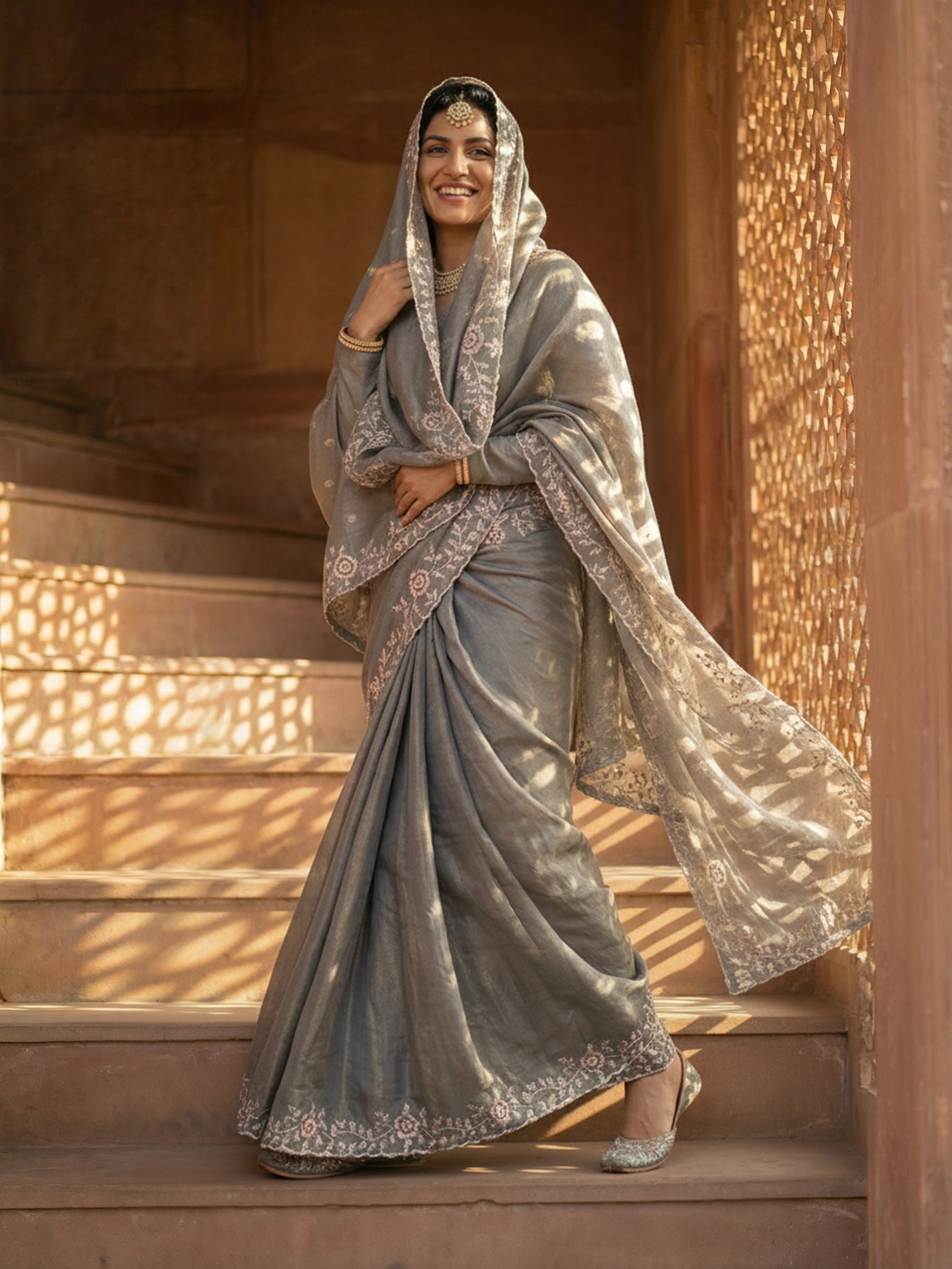 Royal Metallic Grey Signature Embroidered Saree