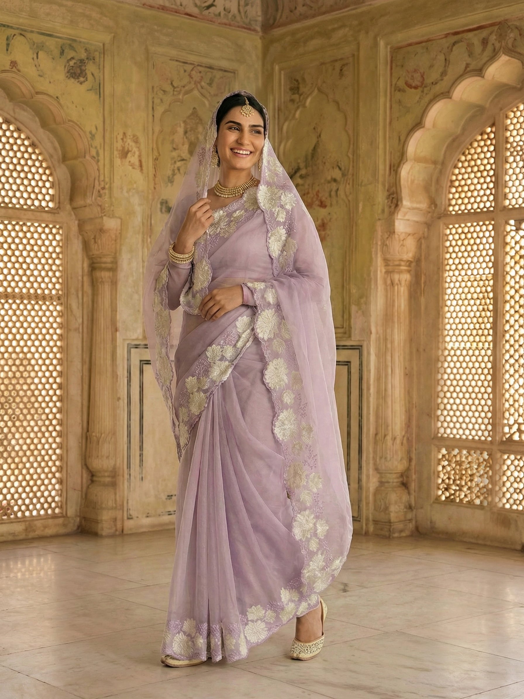 Dusty Lavender Gold Applique Saree