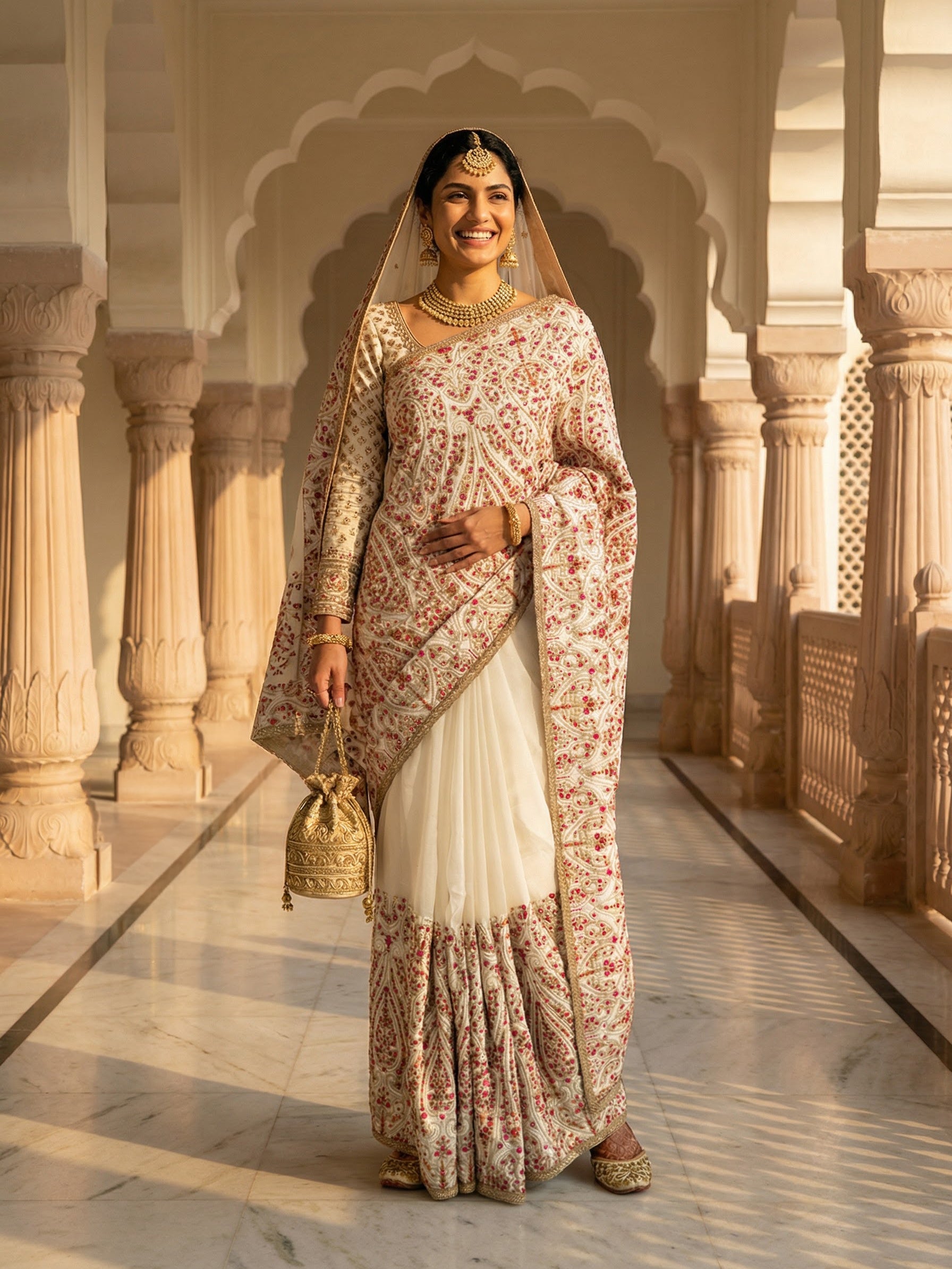 Cream Gold Detailed Embroidered Saree