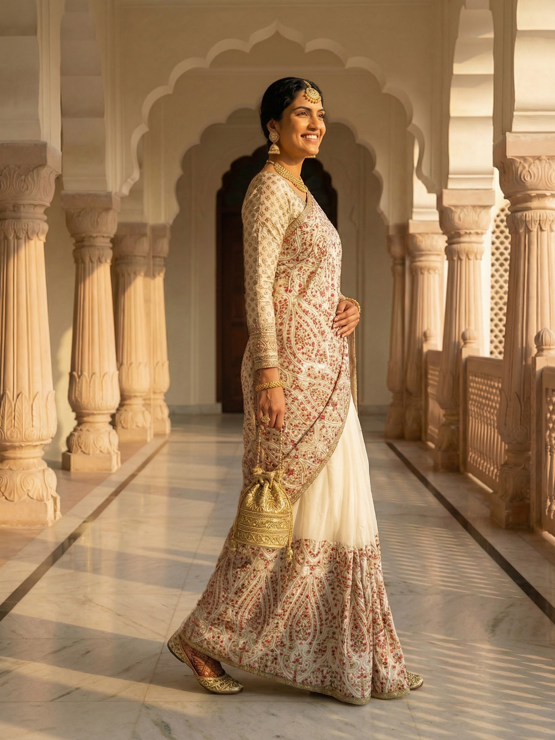 Cream Gold Detailed Embroidered Saree