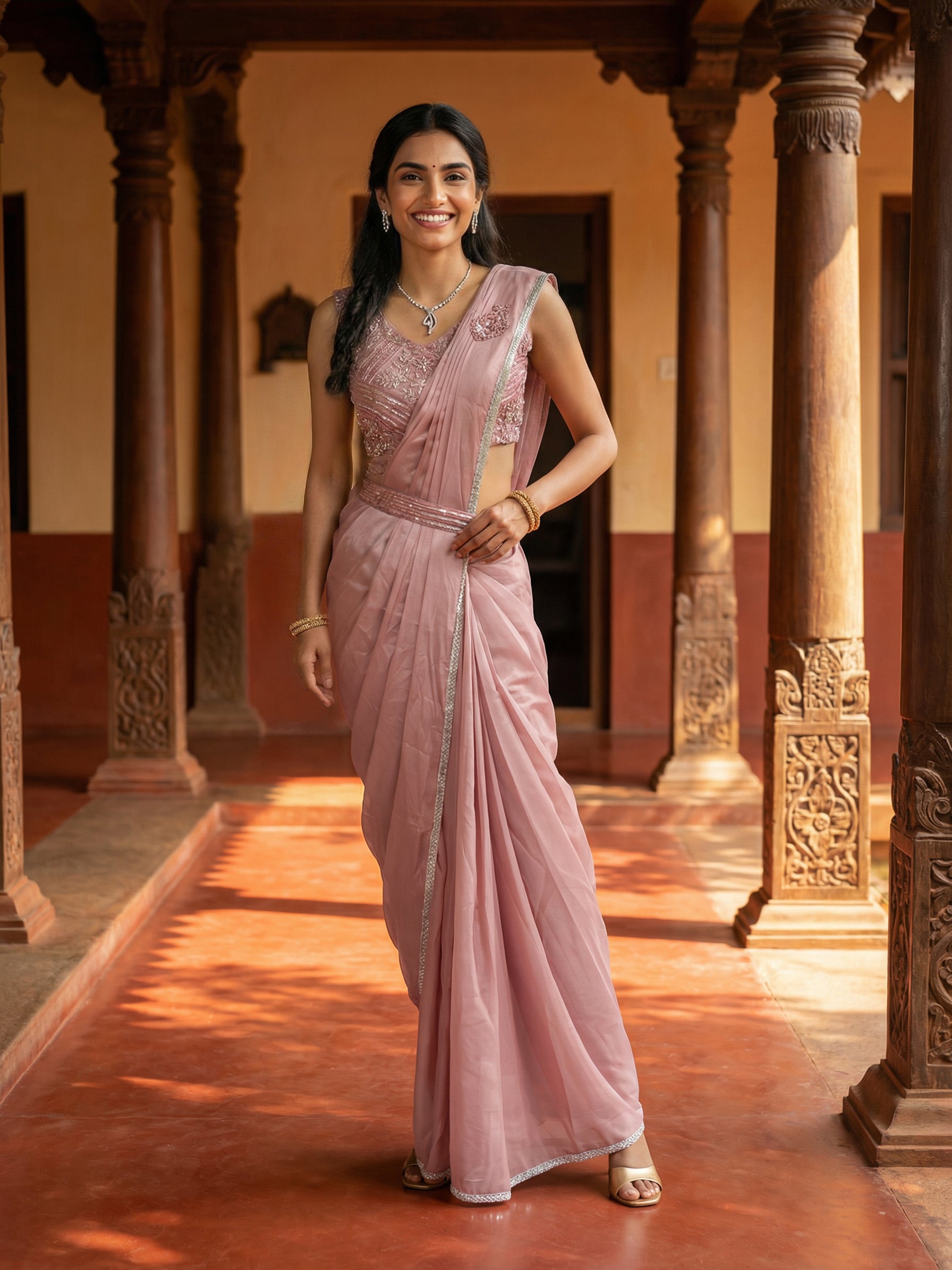 Satin Dusty Pink Seqence Ready to Wear Saree with Embellished Blouse