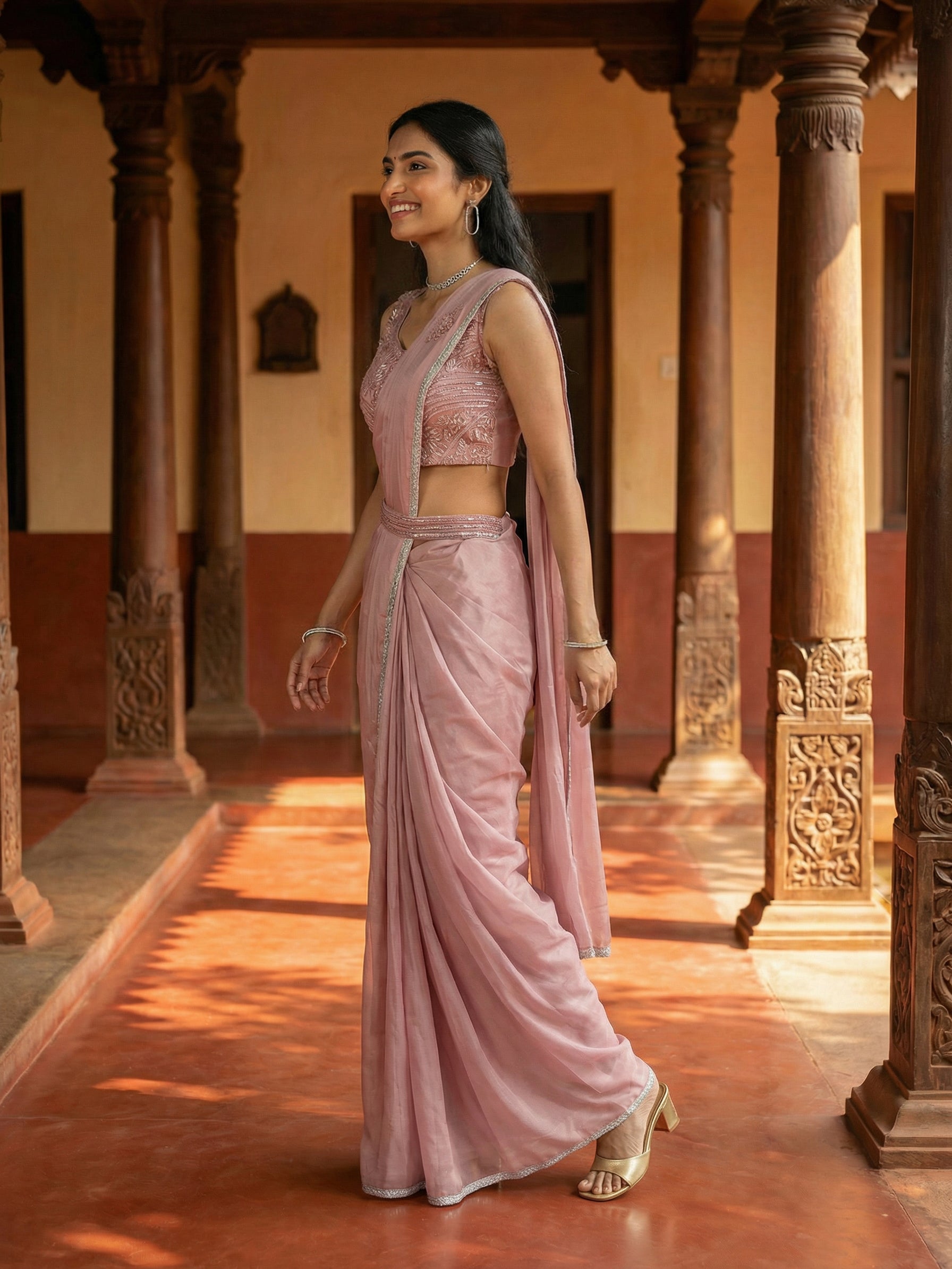 Satin Dusty Pink Seqence Ready to Wear Saree with Embellished Blouse