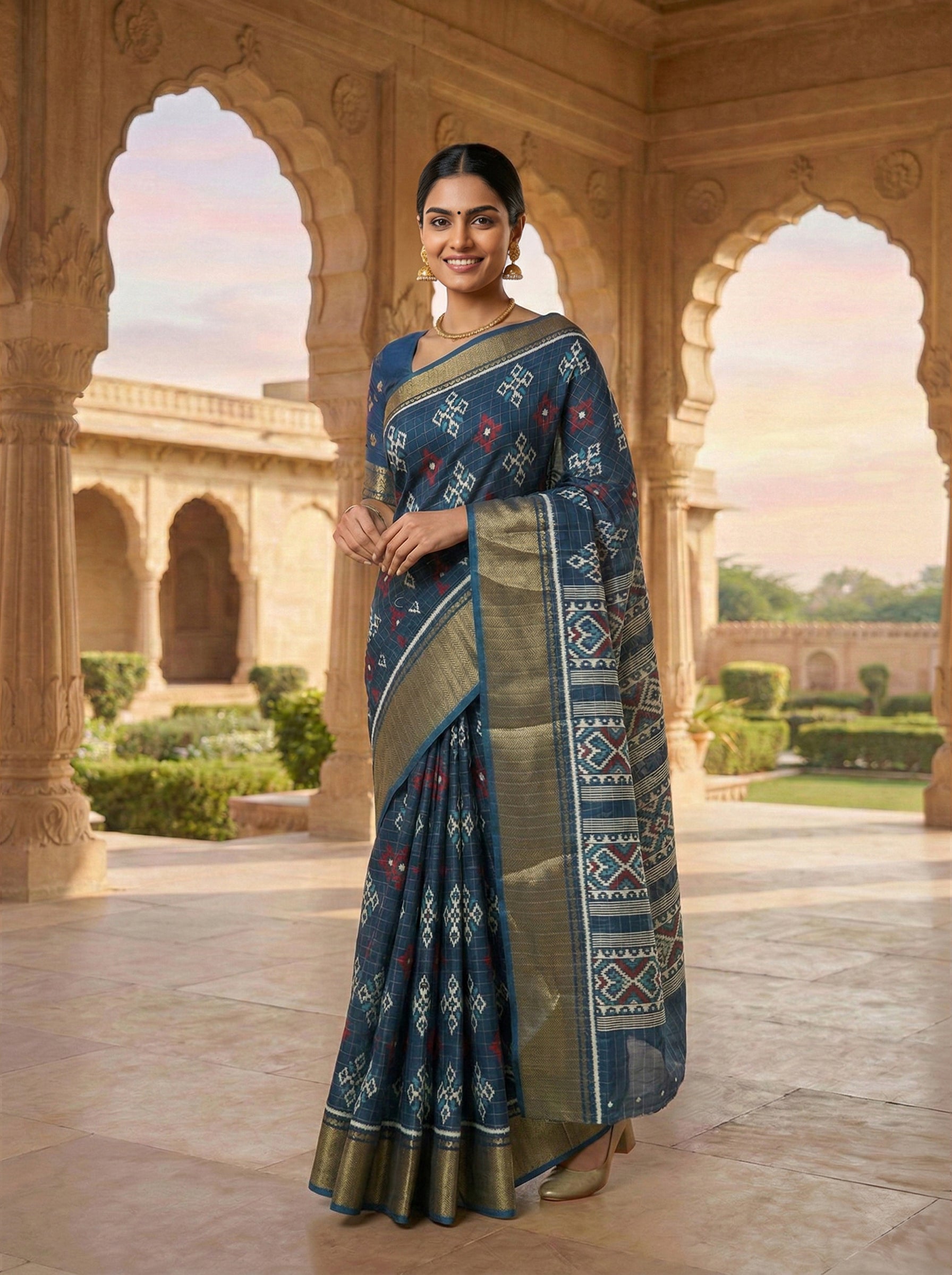 Synthetic Navy Blue Saree with Traditional Motif Design