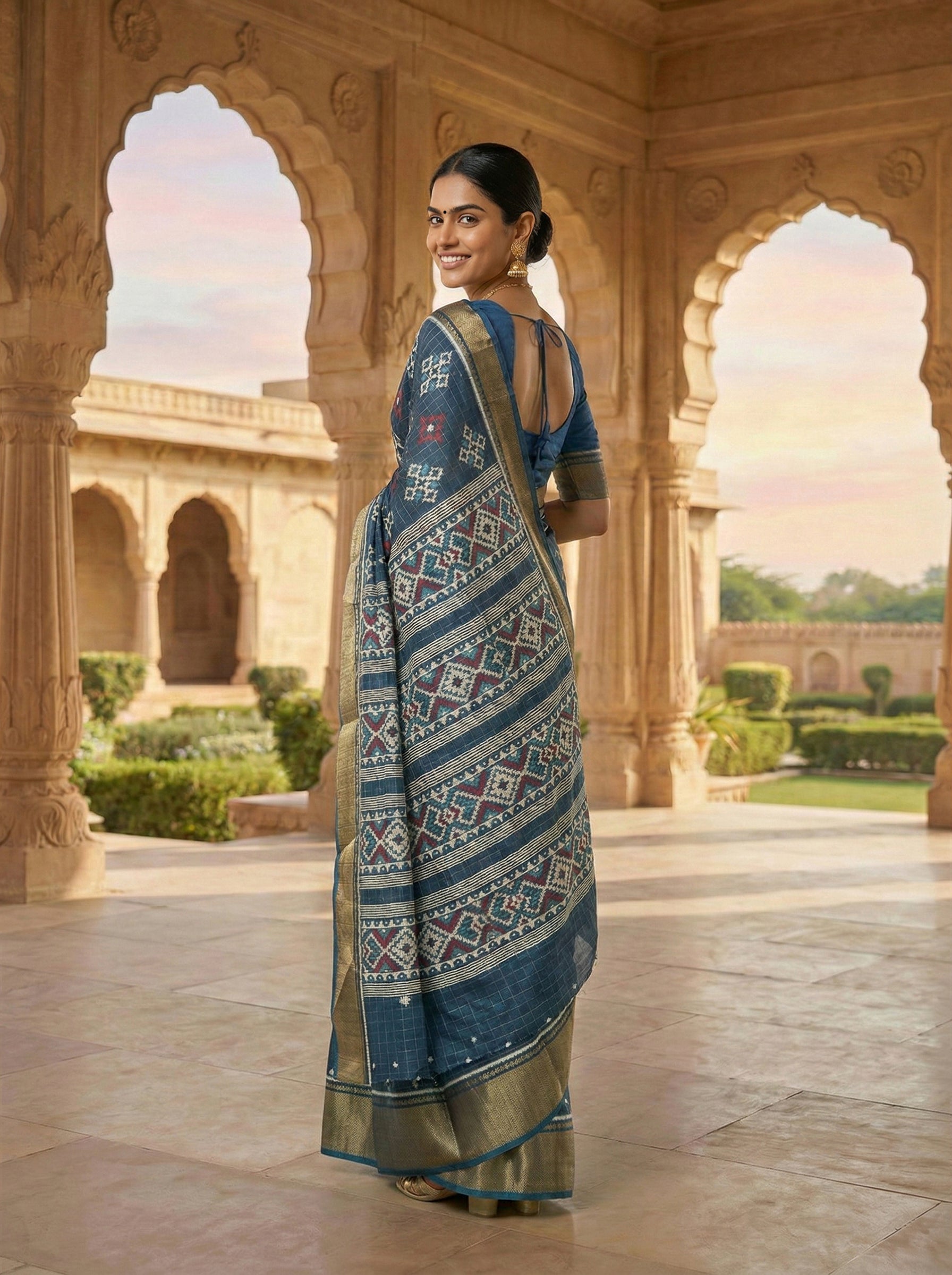 Synthetic Navy Blue Saree with Traditional Motif Design
