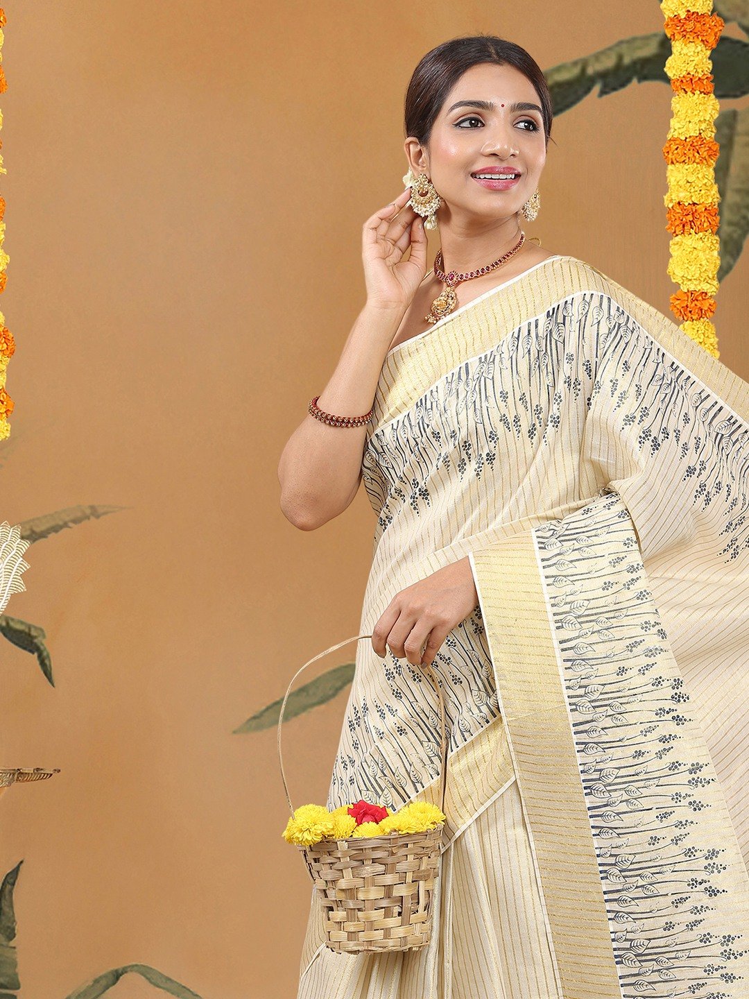 Golden Tissue Kerala Set Saree with Navy Blue Botanical Prints and Golden Striped Kasavu Border