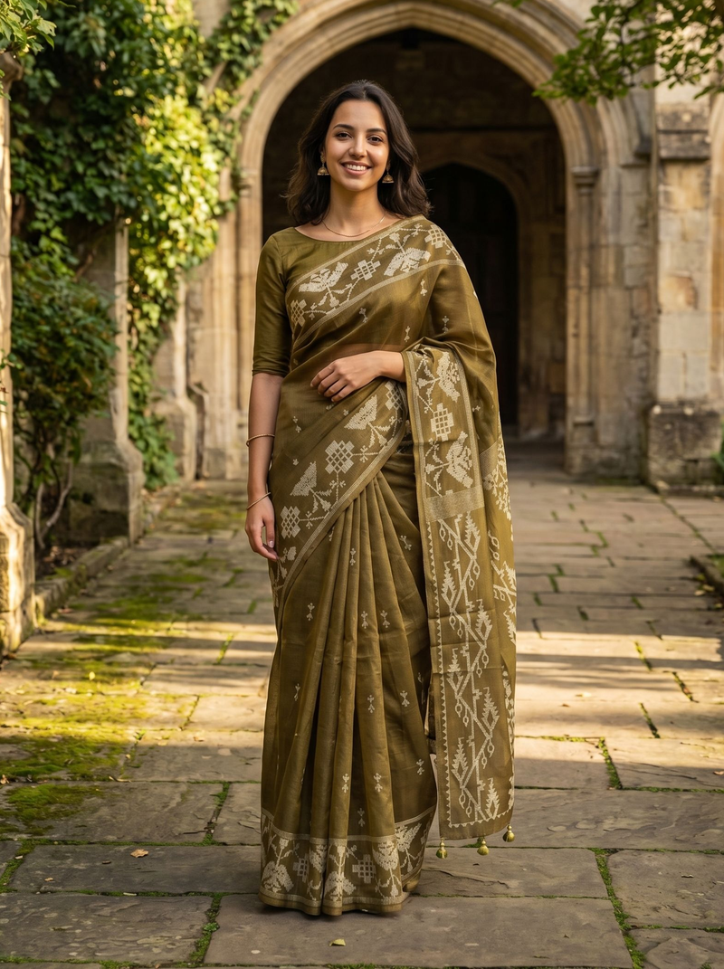 Woman in a traditional olive green saree with white patterns standing in an outdoor setting.