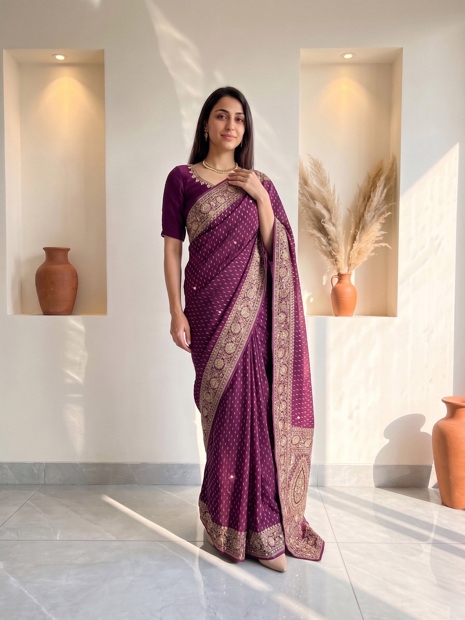 Kanjivaram Purple Saree with Gold Zari Butta Pattern and Heavy Embroidered Border