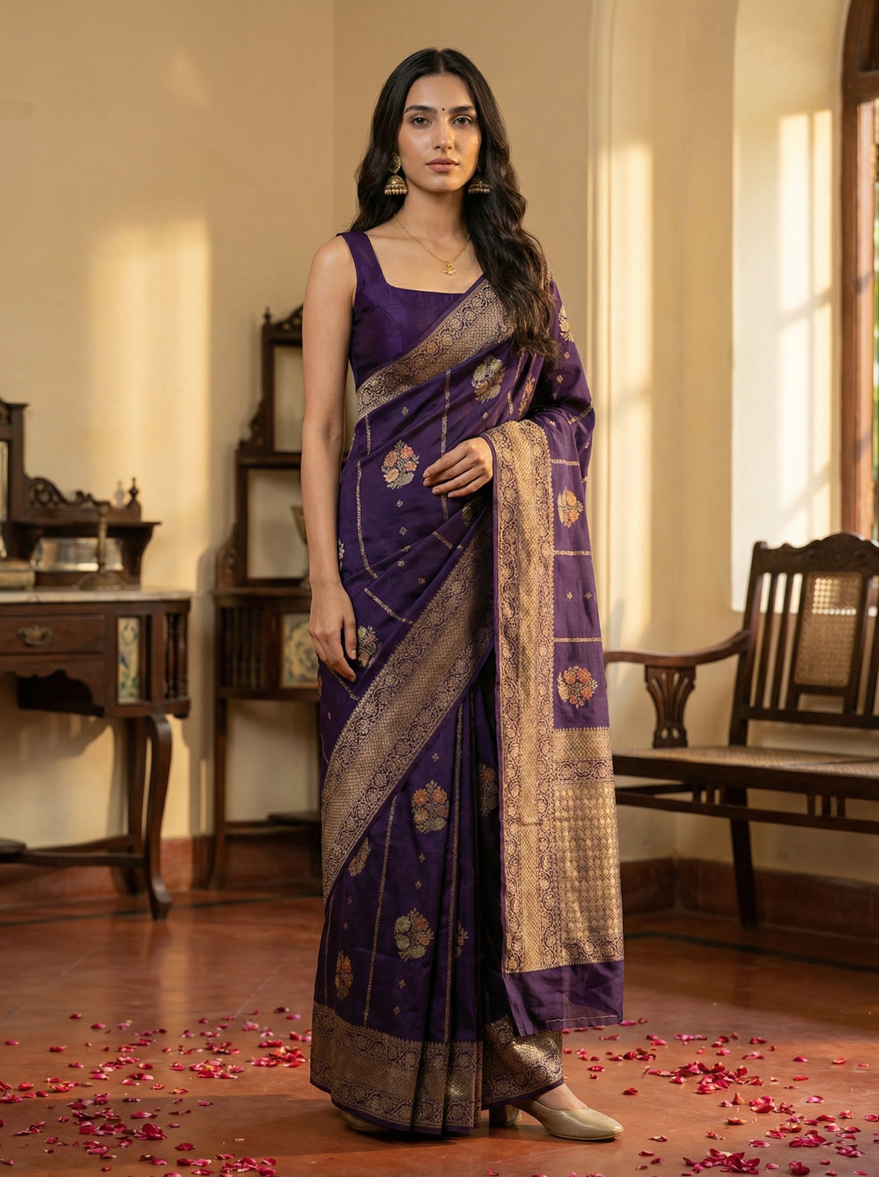 Jute Majestic Purple Floral Medallion Saree