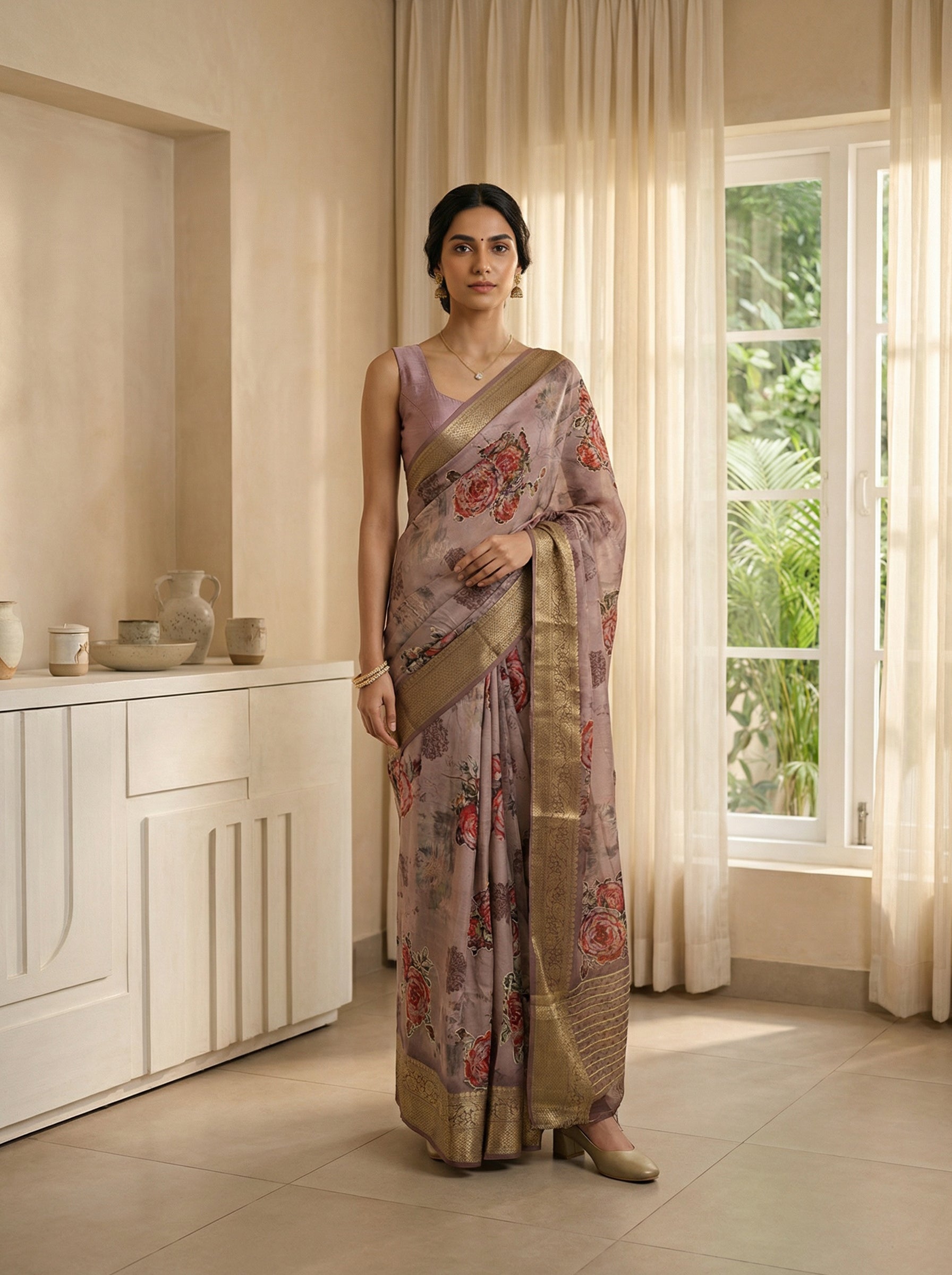 Modal Mushroom Brown Rose Motif Saree