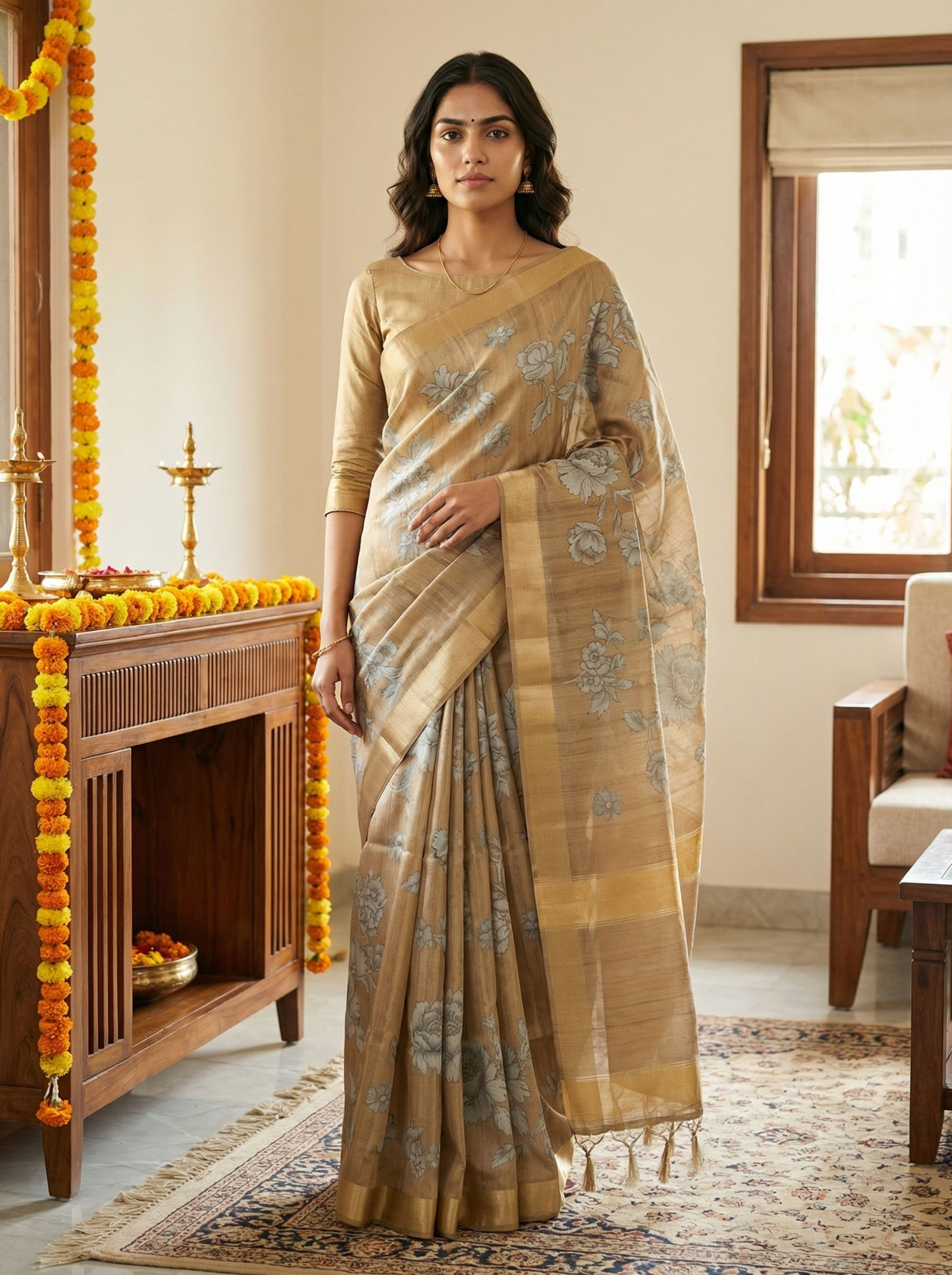 Woman in a beige saree standing in a decorated room with marigold flowers.