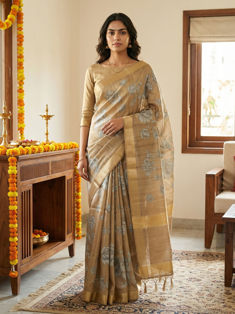 Woman in a beige saree standing in a decorated room with marigold flowers.