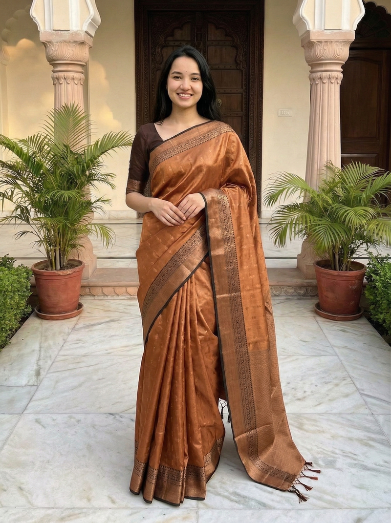 Woman in a brown saree standing in front of a building with plants.