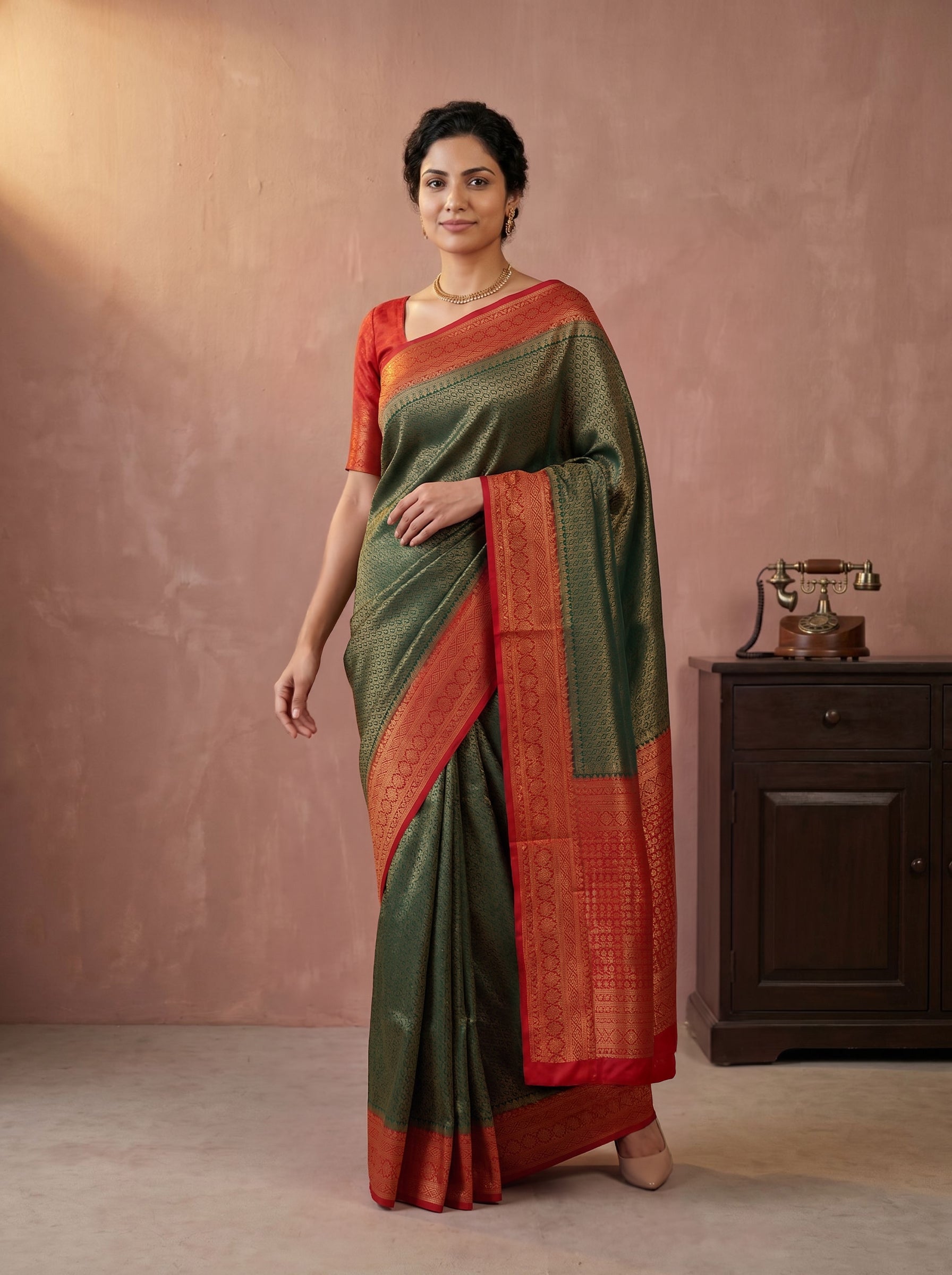 Woman wearing a green and red saree standing against a plain background