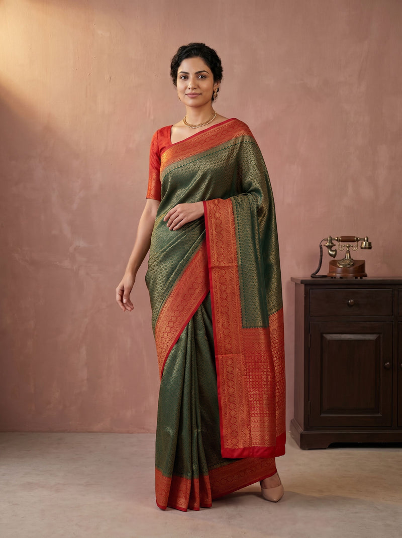 Woman wearing a green and red saree standing against a plain background