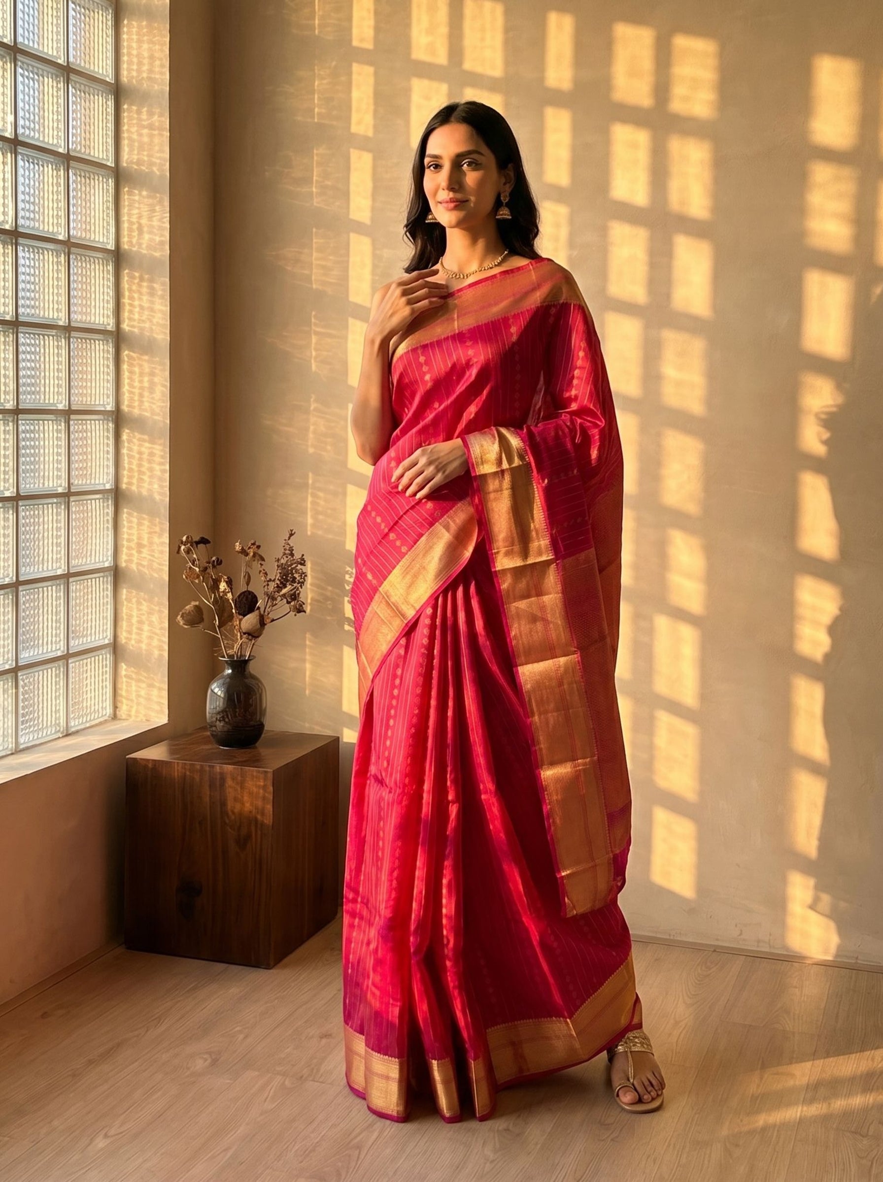 Pure Silk Rani Pink Vertical Zari Lines Saree