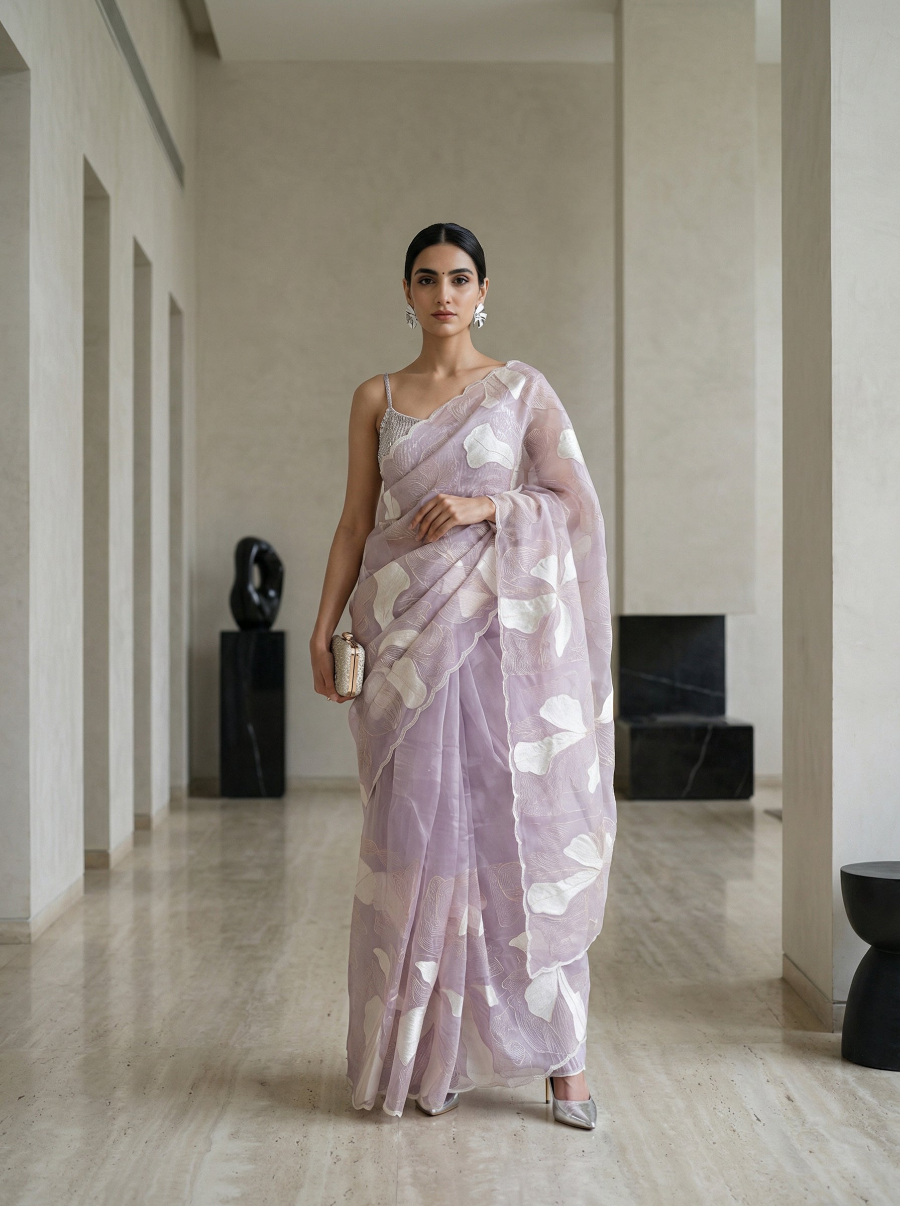 Organza Lavender Big Floral Design Saree