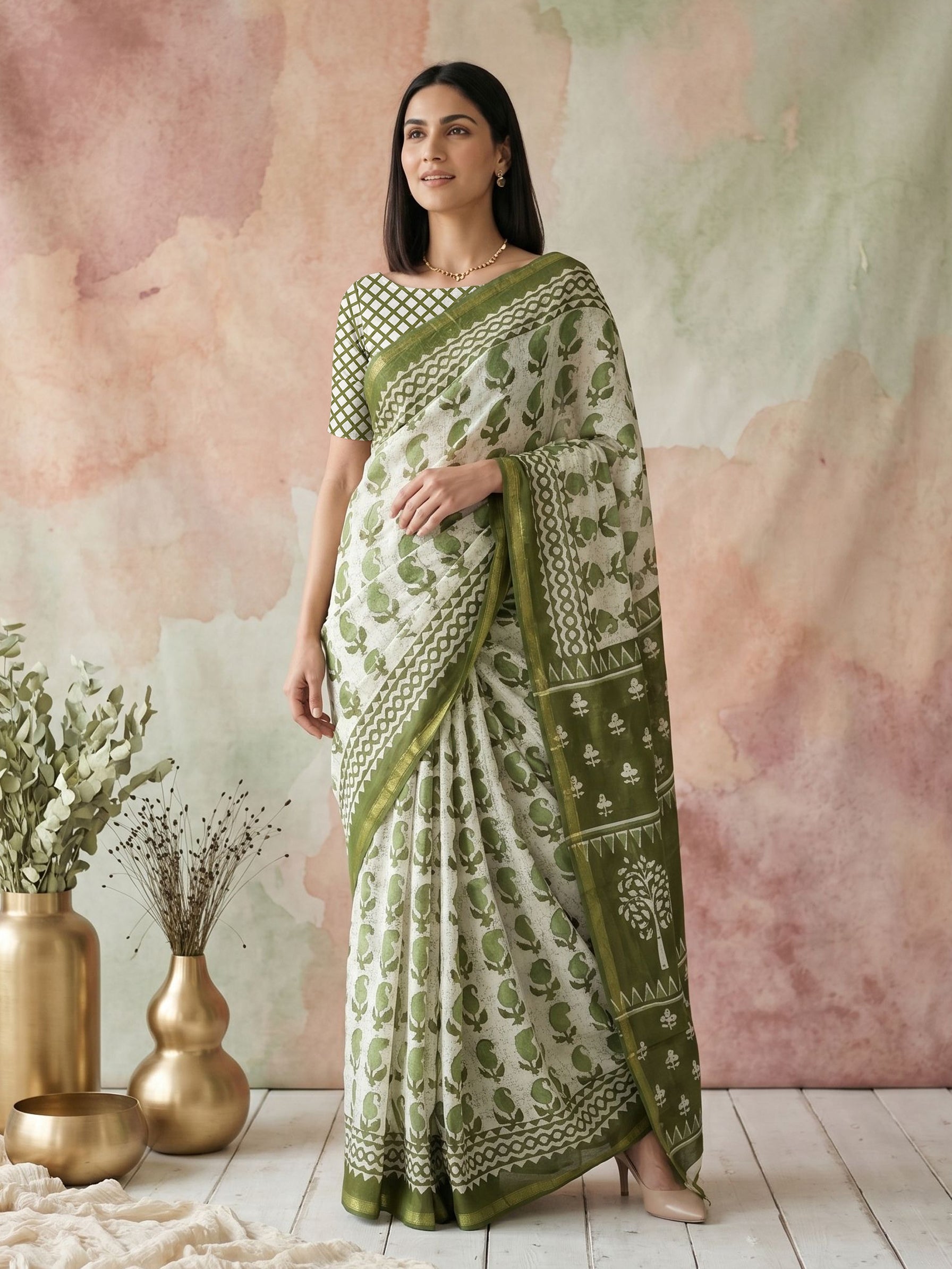 Woman wearing a green and white saree with a floral pattern, standing against a soft pink and white background.
