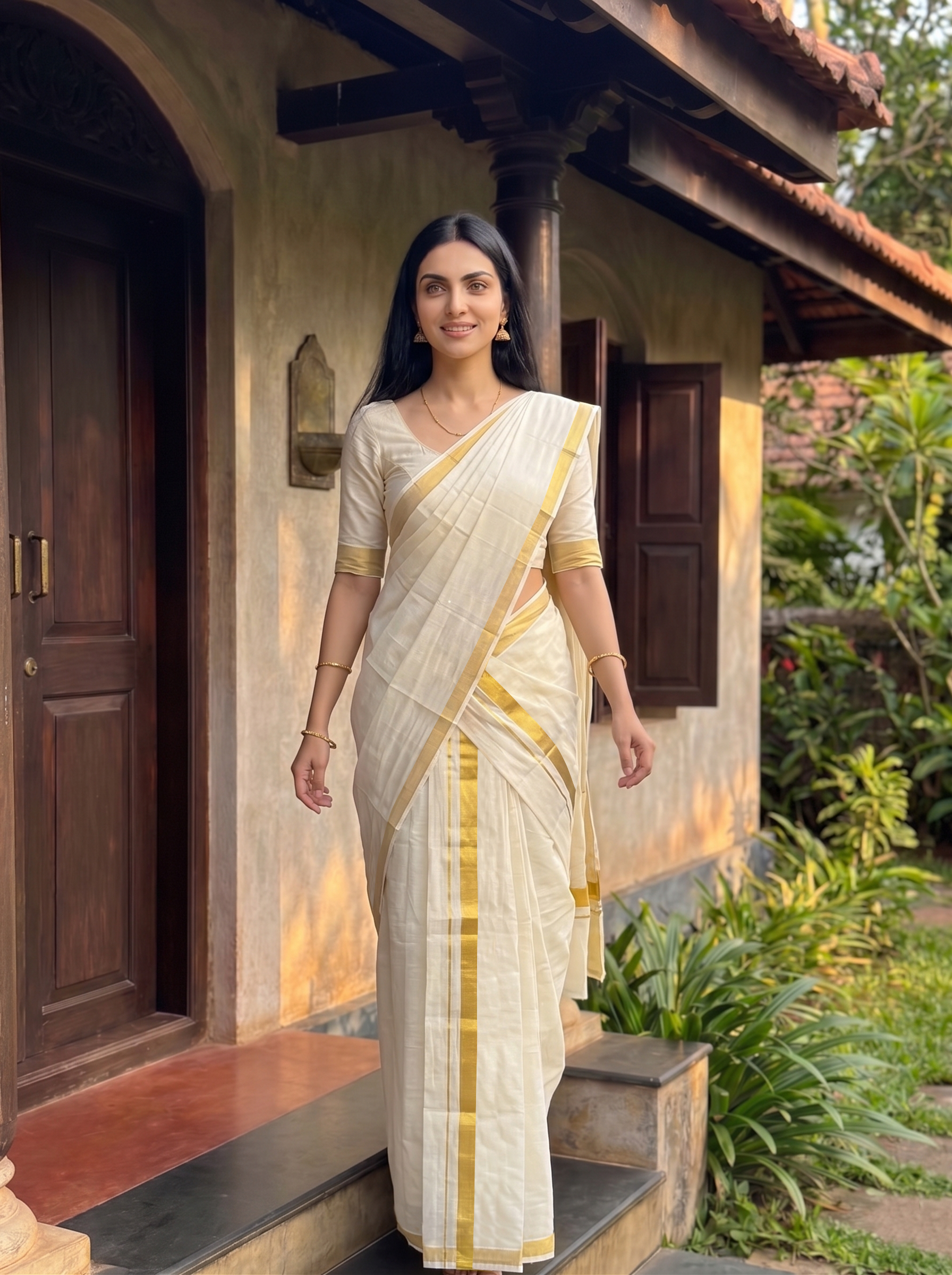 Woman in a white saree with gold stripes standing on a porch.