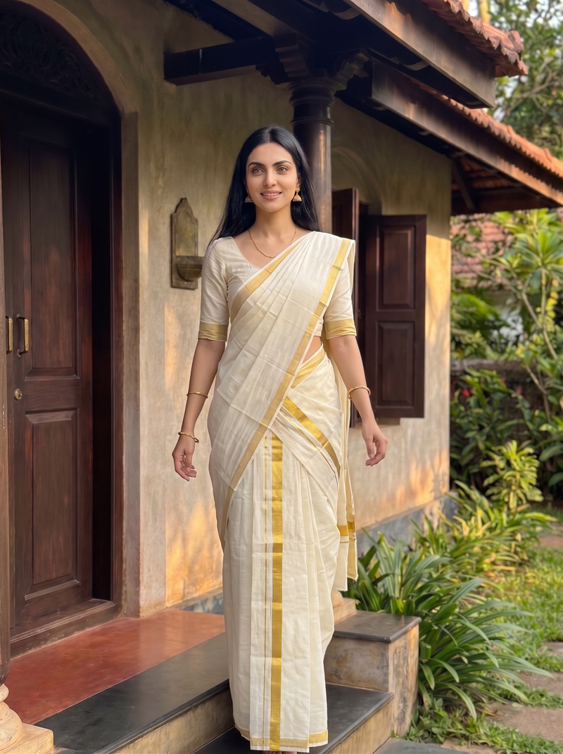 Woman in a white saree with gold stripes standing on a porch.