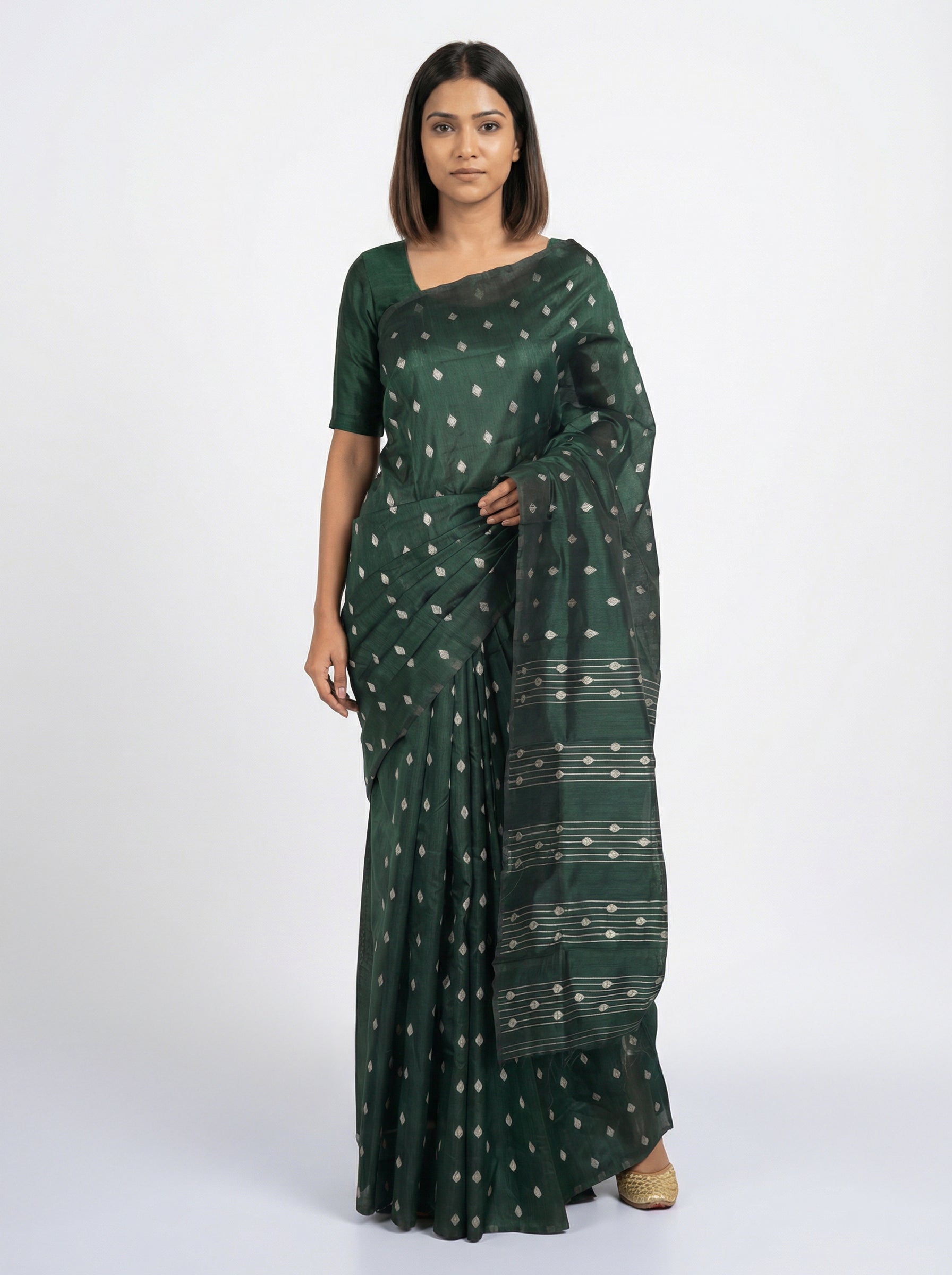 Semi Silk Designer Bottle Green Saree with Small Butta Work Blouse Piece