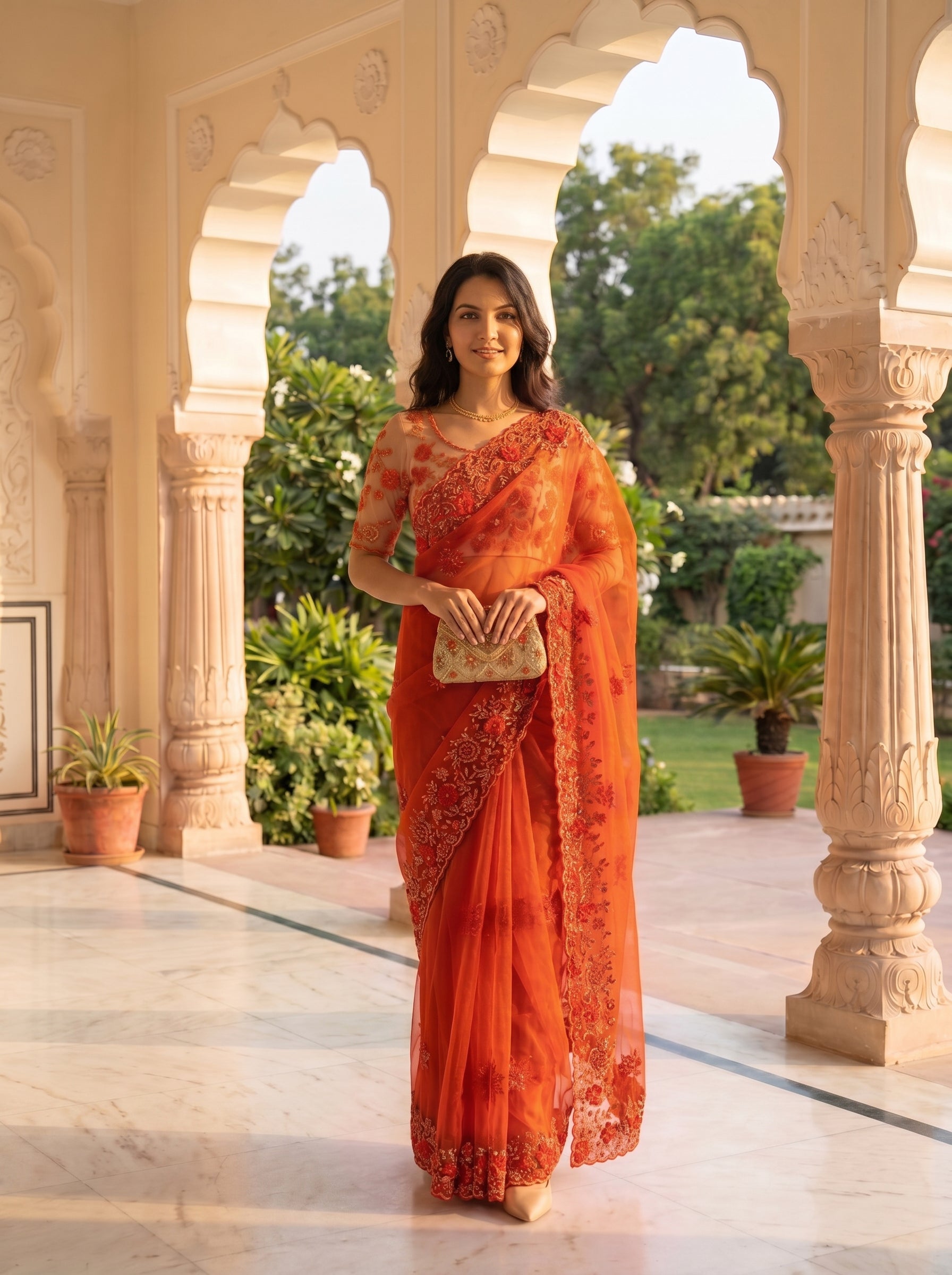 Woman in an orange saree standing in a decorative archway with greenery in the background