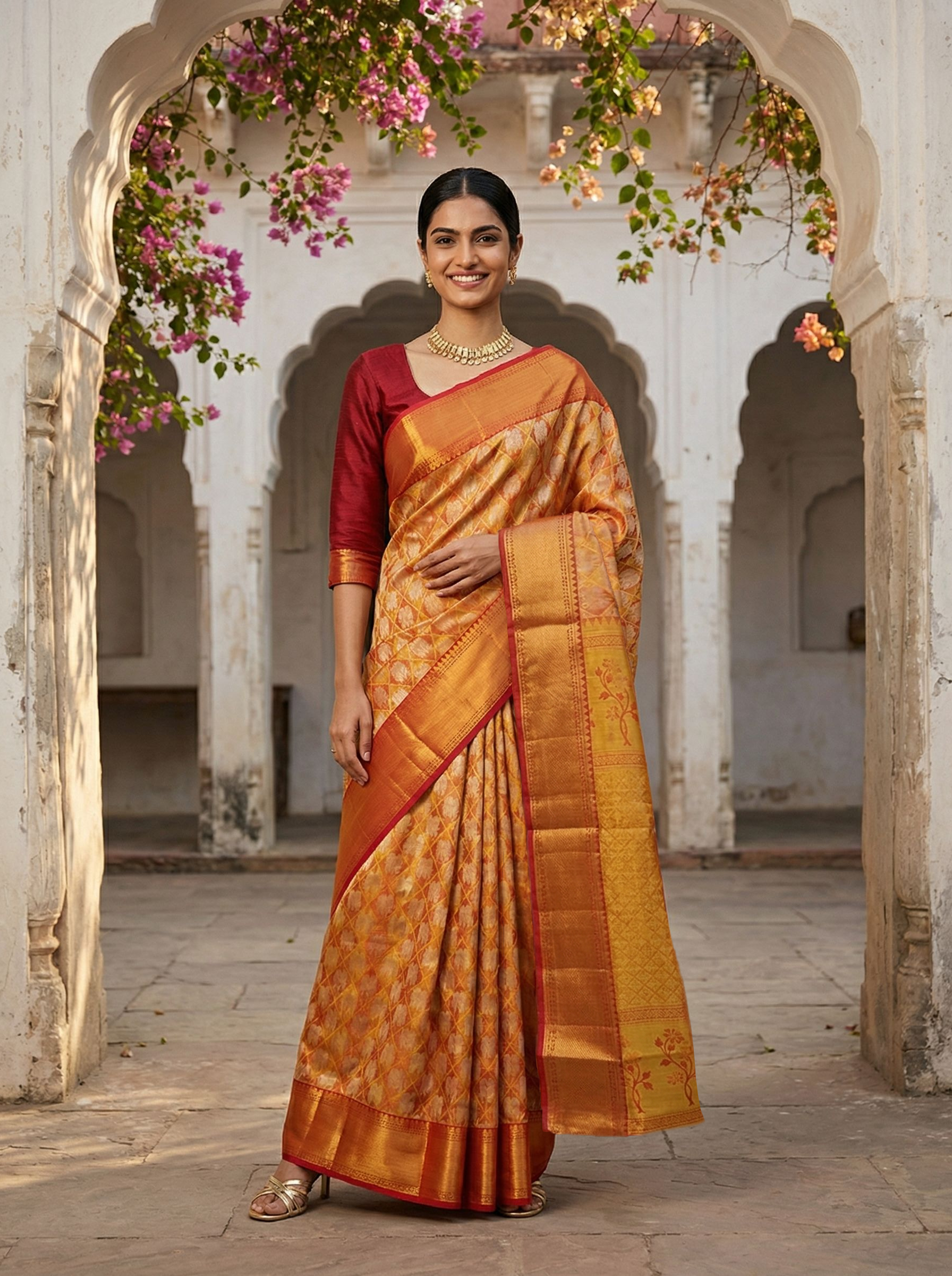 Kanjivaram Mustard Yellow and Maroon Saree with Geometric Diamond Jaal and Zari Border