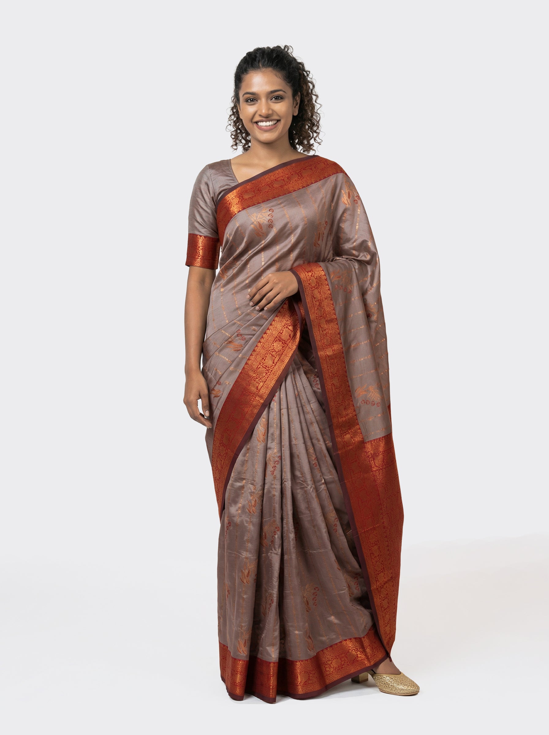 Semi Silk Ivory Brown Saree for Women with Maroon Small Buttas Blouse – Festive Wear