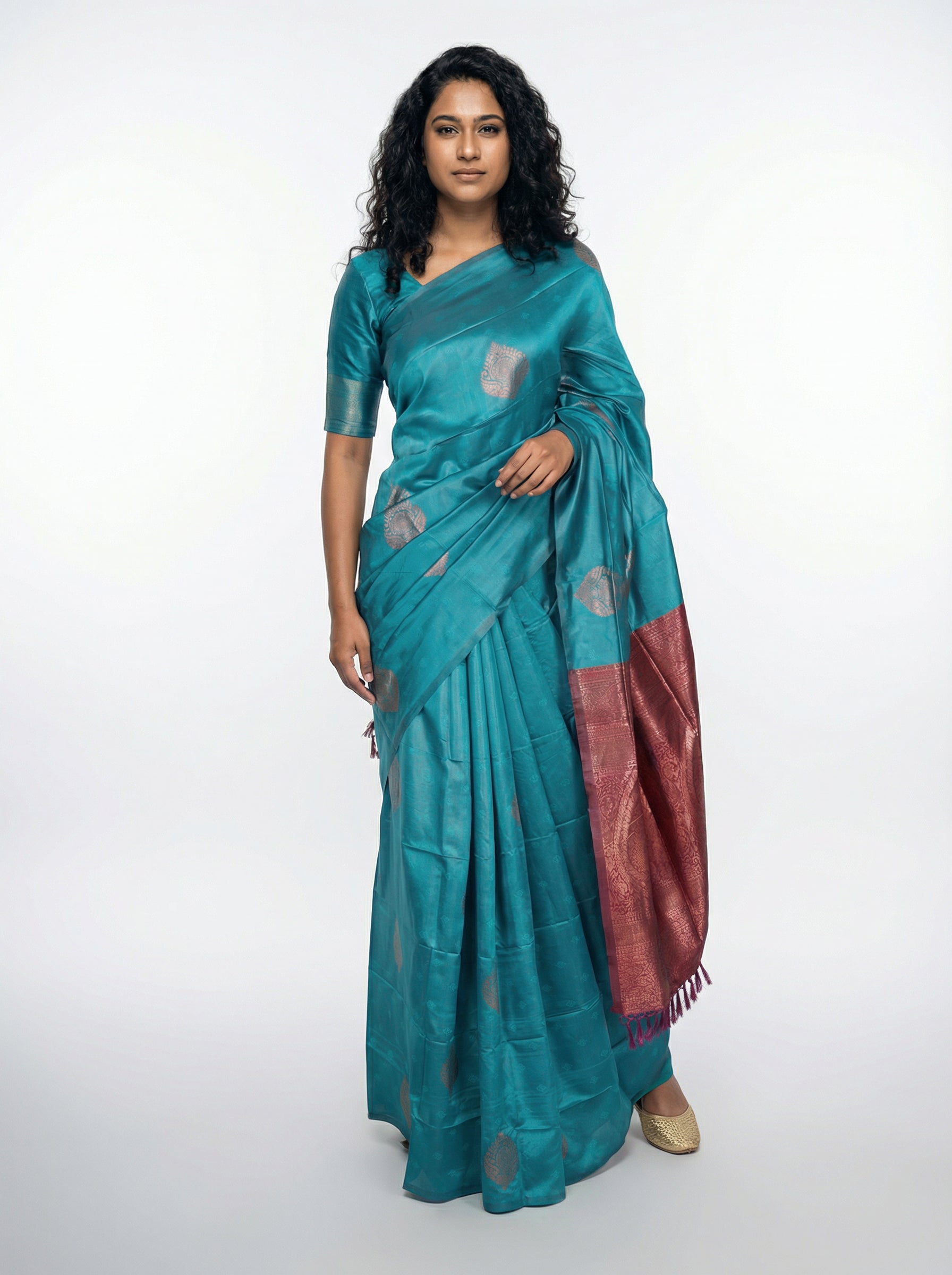 Semi Silk Peacock Green Traditional Saree with Self Butta Design Blouse