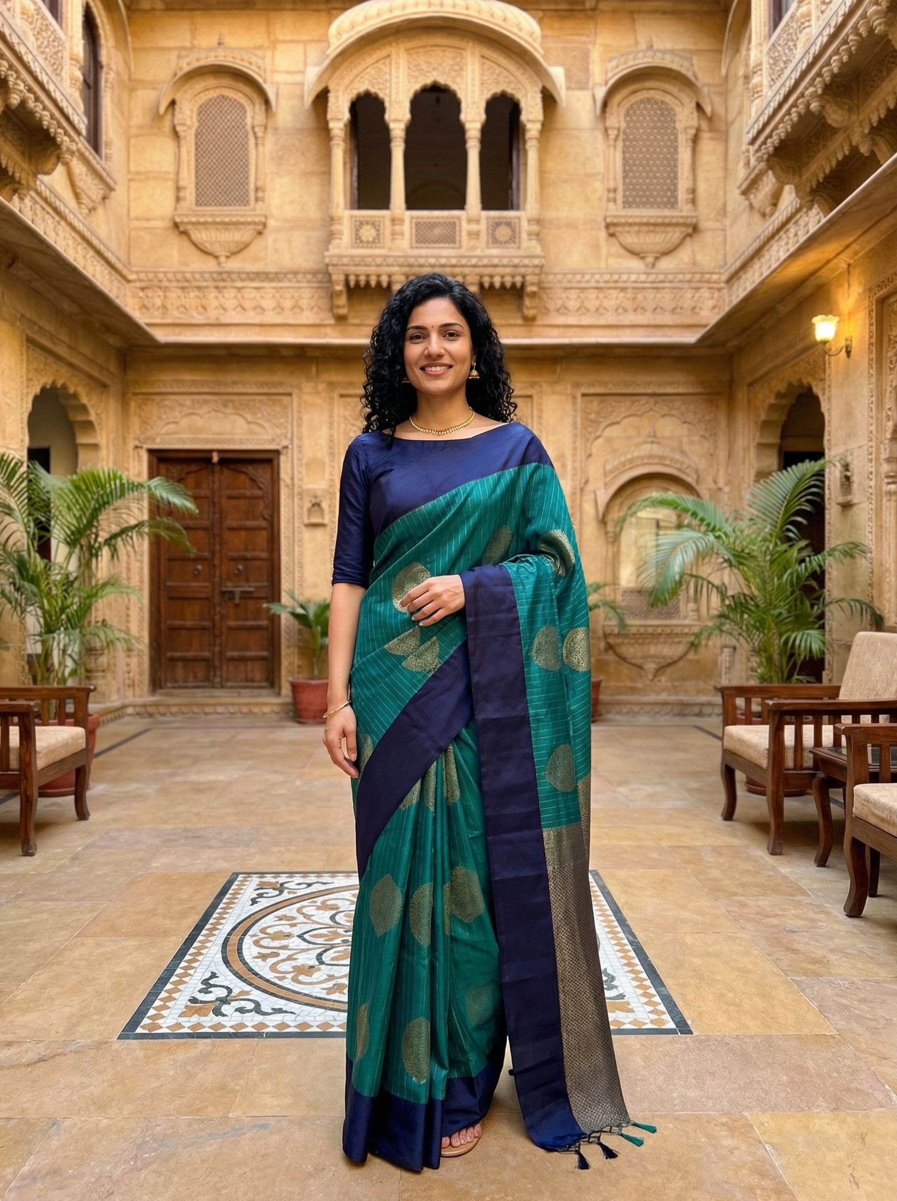 Woman in a blue and green saree standing in an ornate courtyard.