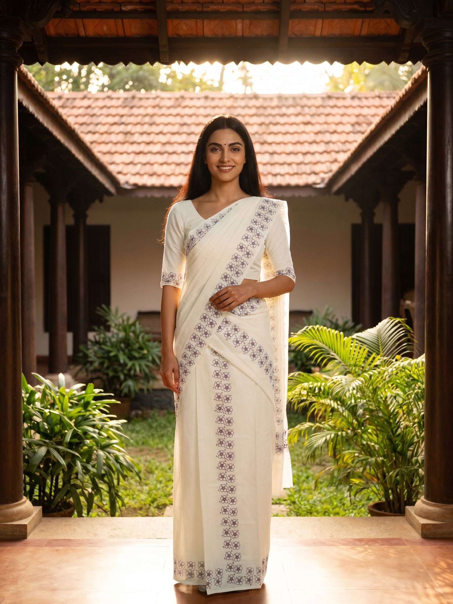 Woman in a white saree with black patterns standing in a traditional setting with greenery.
