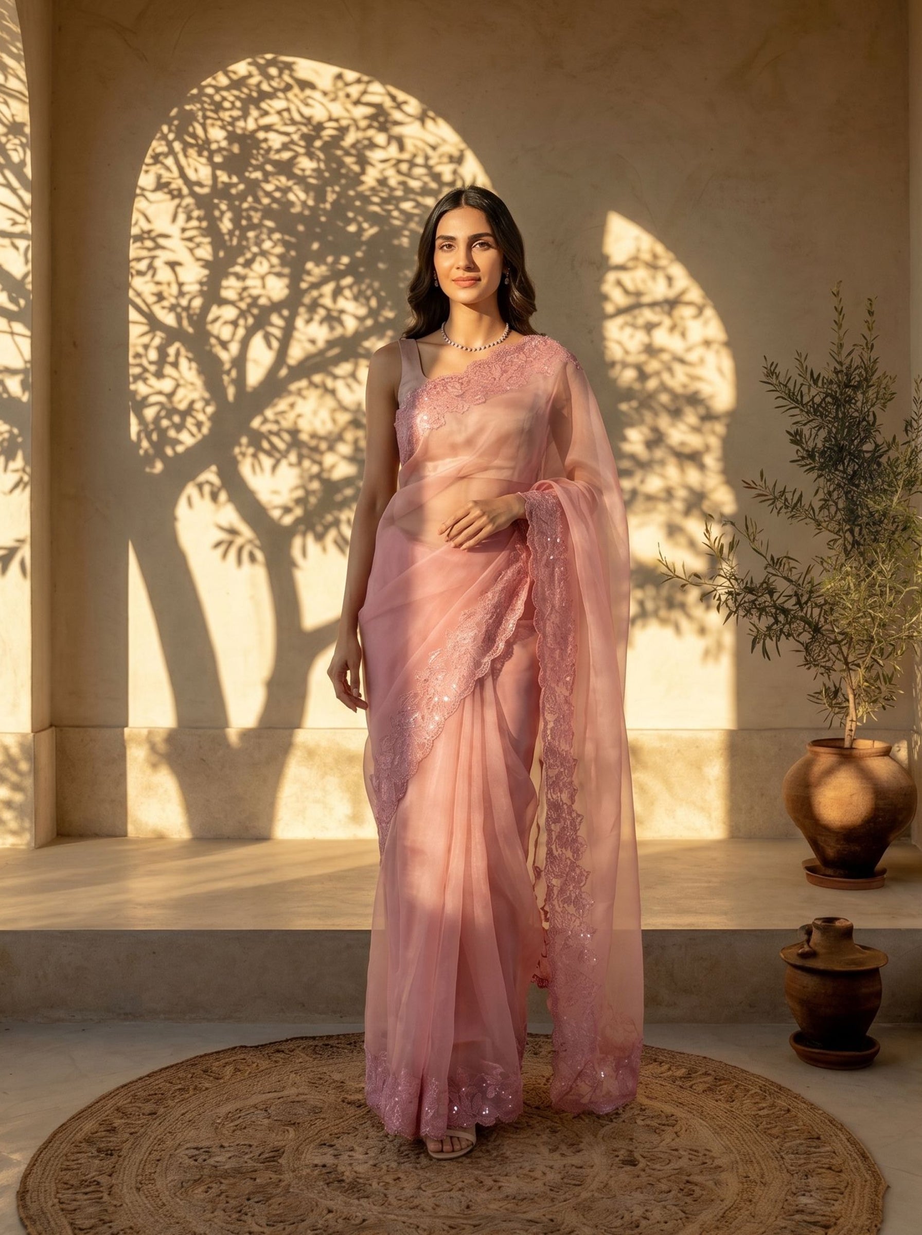 Woman in a pink saree standing in a sunlit room with architectural elements.
