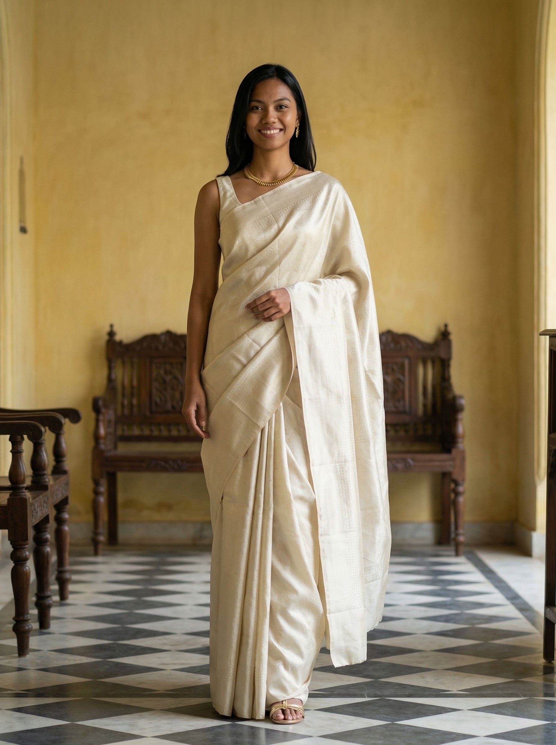 Kanjivarm Cream White Self-Design Saree