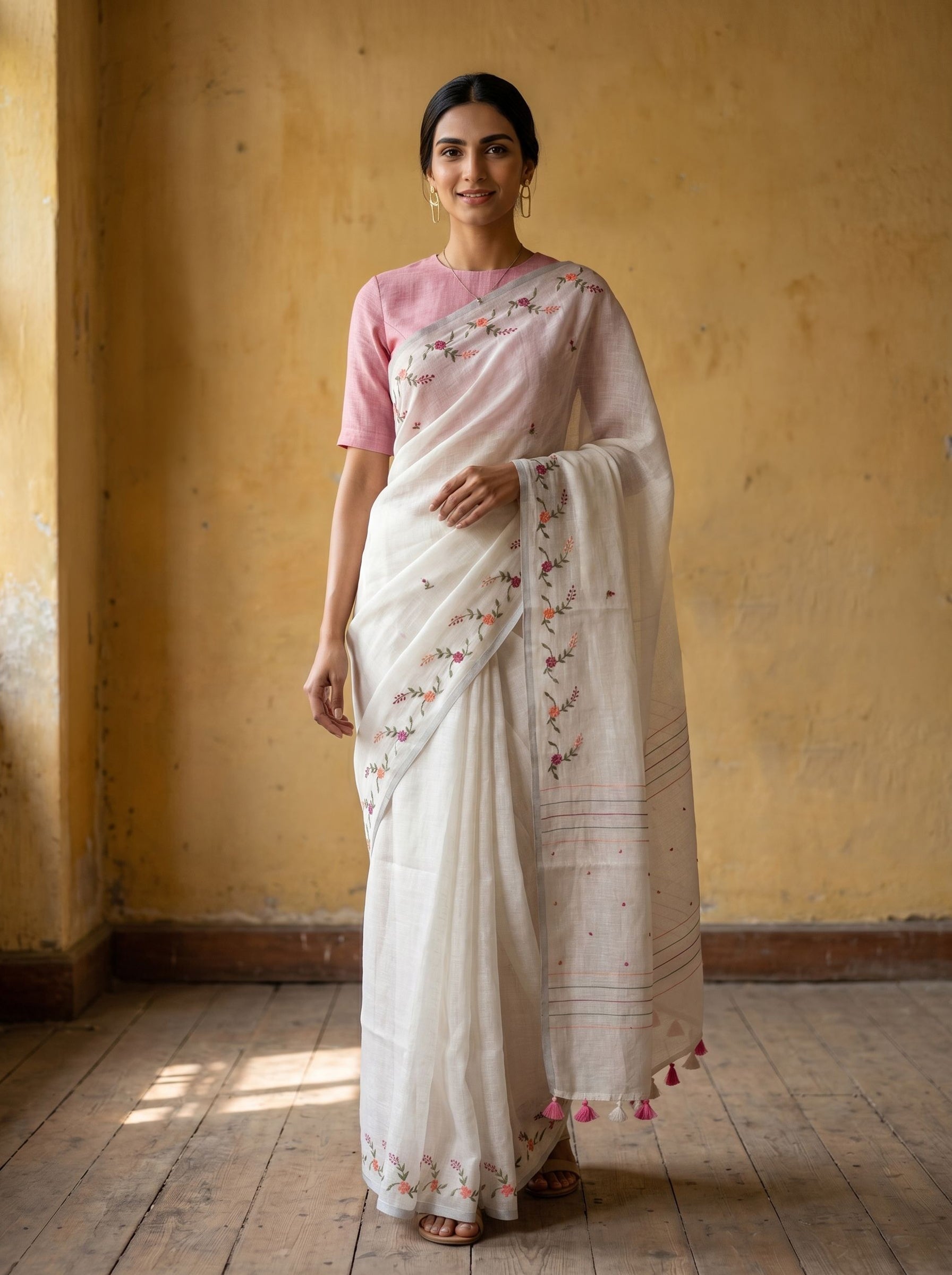 Woman wearing a white saree with pink blouse against a yellow wall.