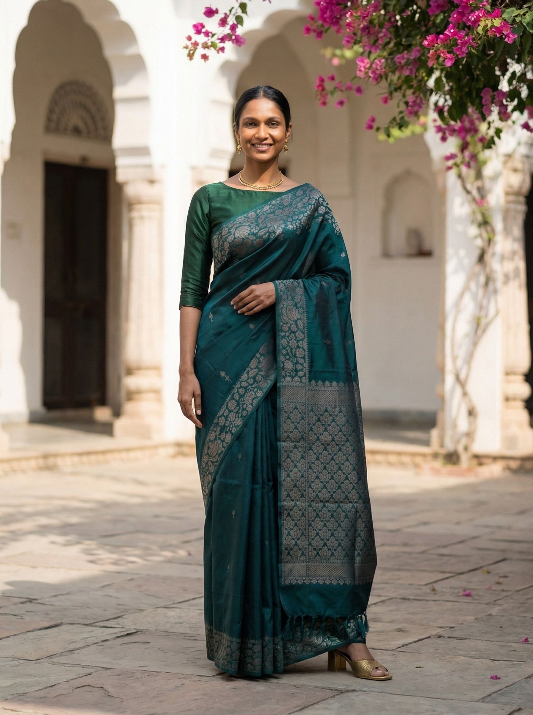 Kanjivaram Pure Silk Dark Green Floral Zari Saree