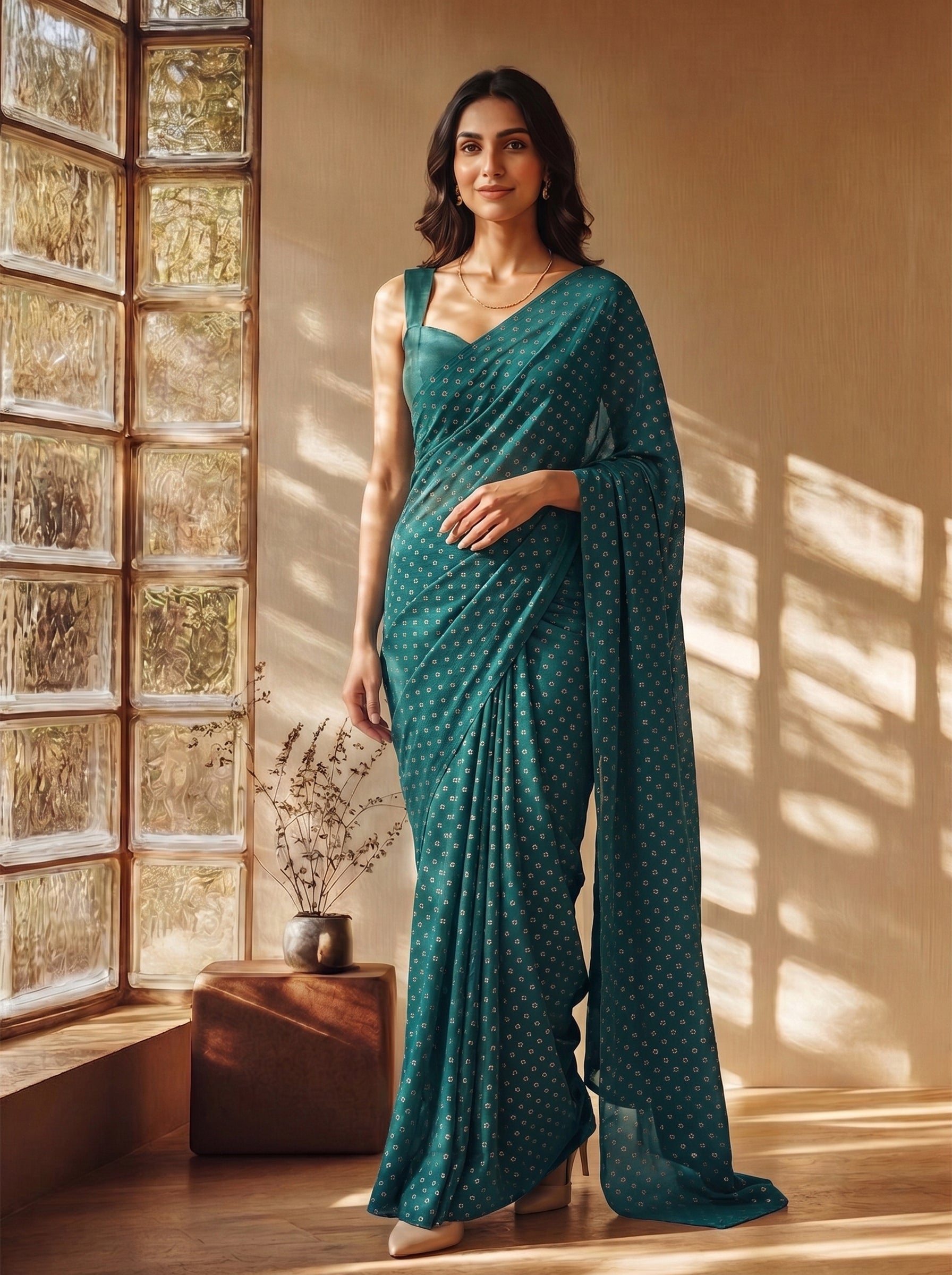 Woman in a teal saree standing in a room with glass block walls.