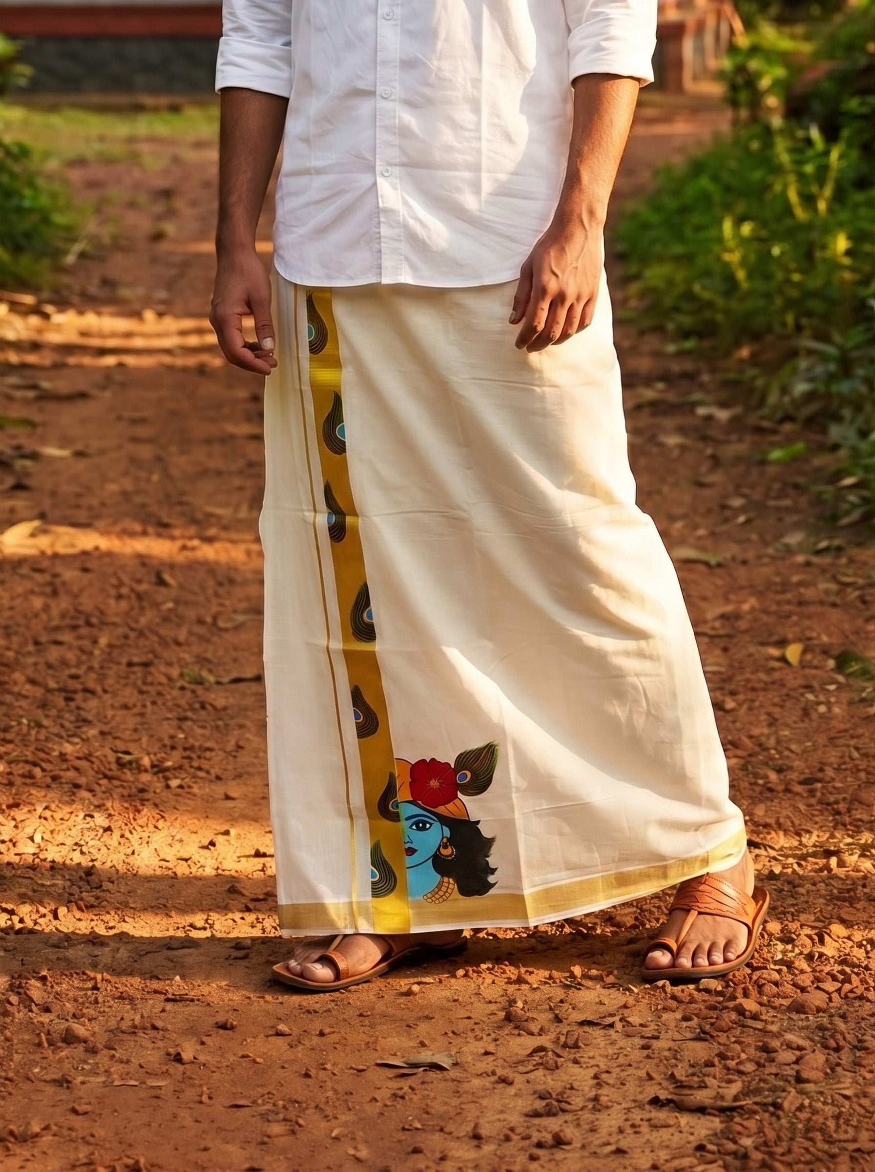 Men's Cotton Cream Golden Kasavu Border Lord Krishna And Peacock Feather Hand Painted Kerala Dhoti