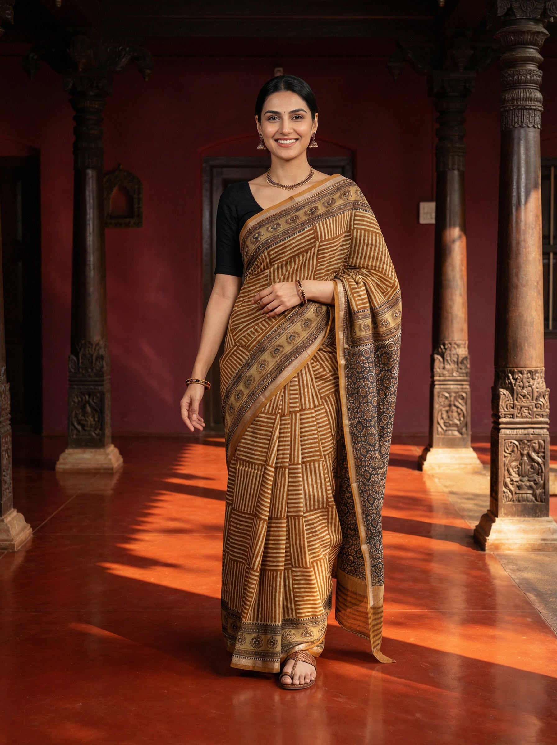 Cotton Handloom Style Mustard Brown Saree with Printed Pallu