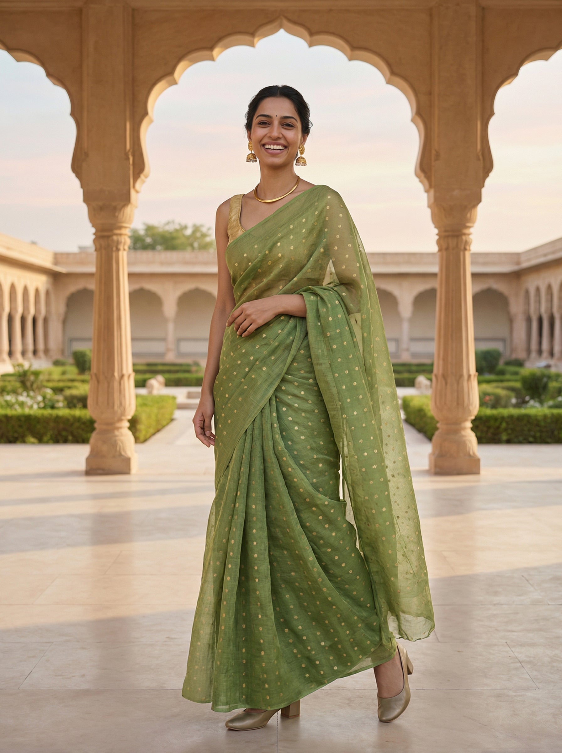 Synthetic Light Green Saree with Classic Butti Motifs