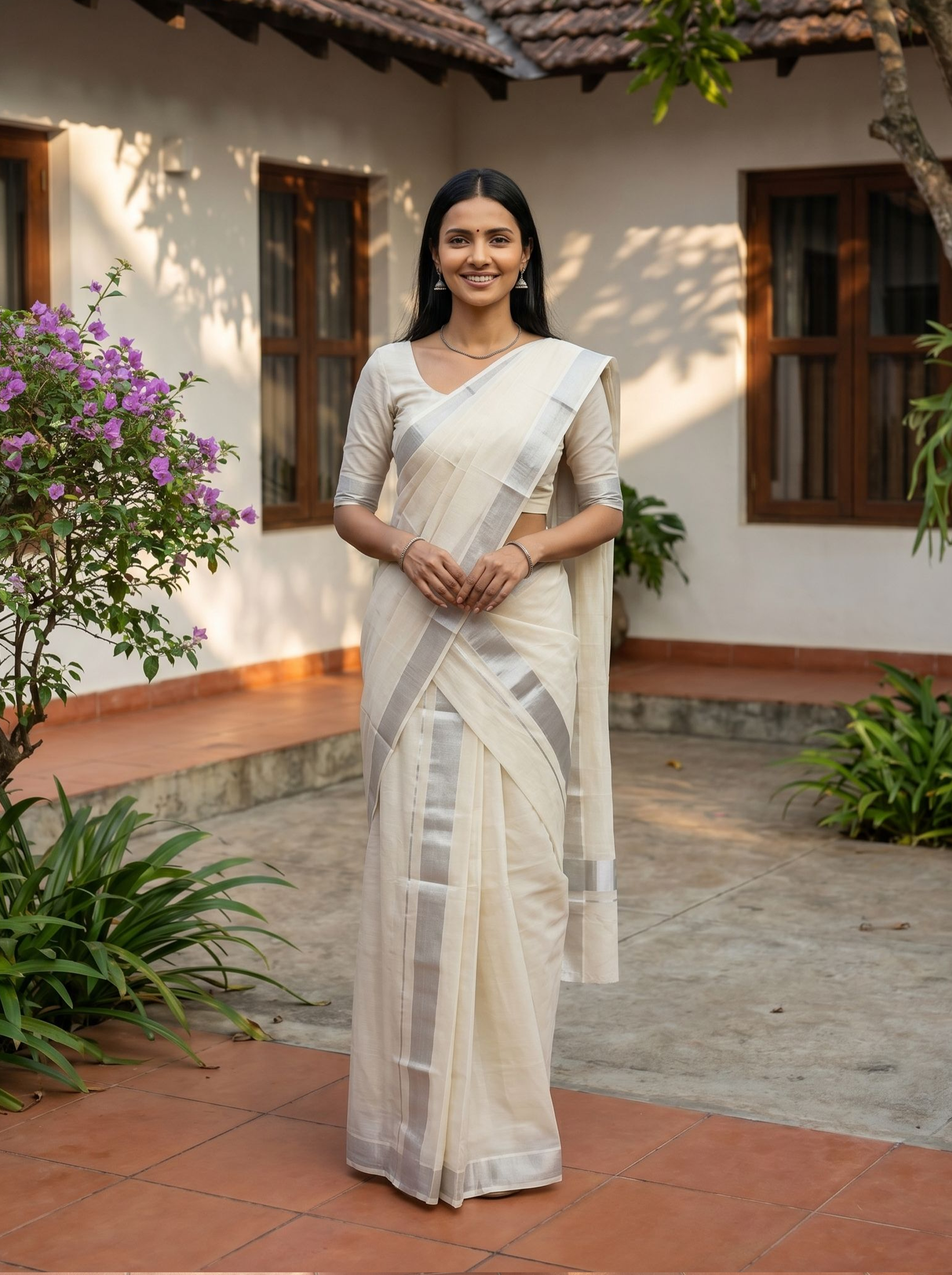 Woman in a white saree standing in front of a house with plants around.