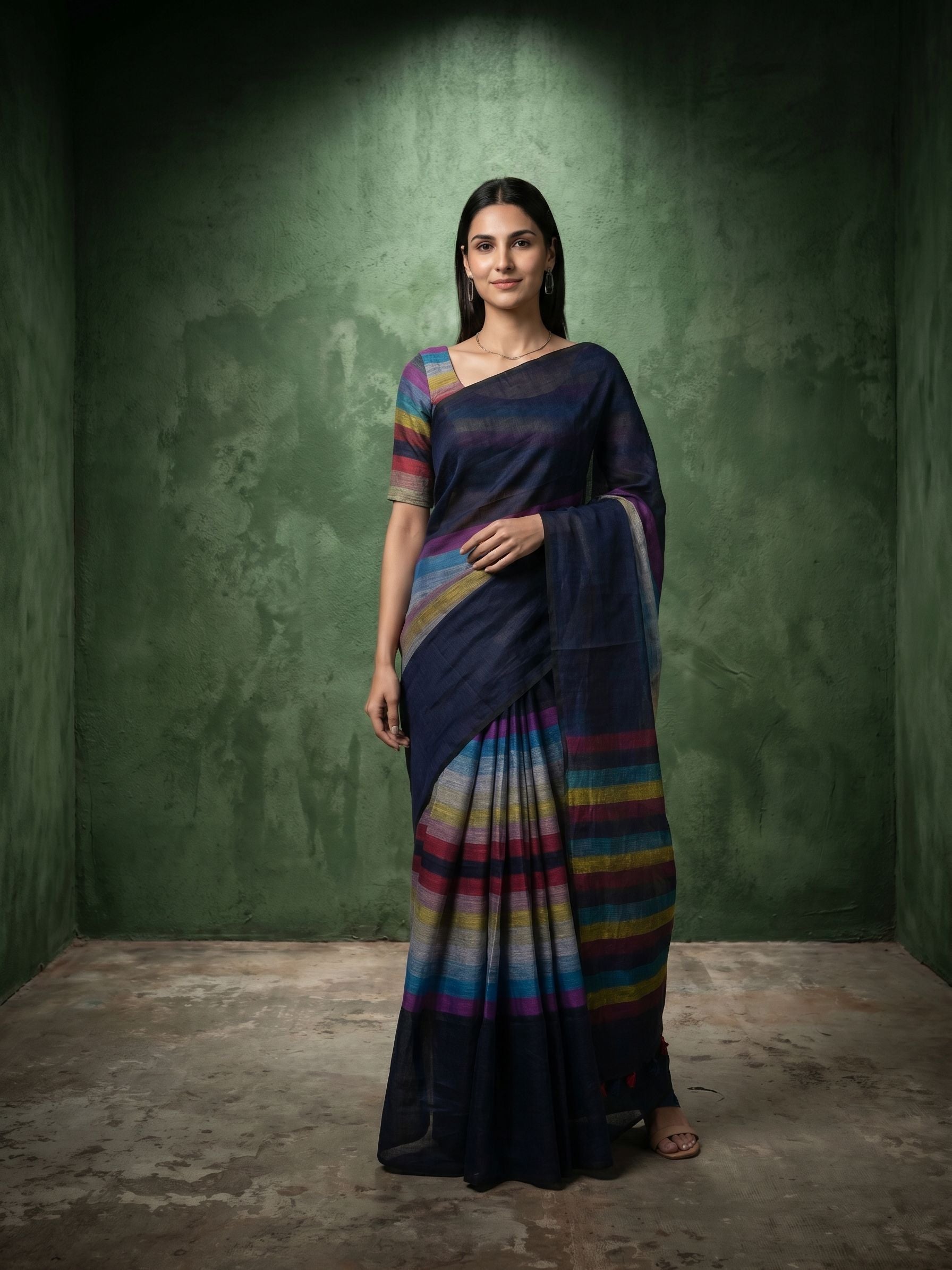 Woman wearing a dark blue saree with colorful stripes against a green textured wall.