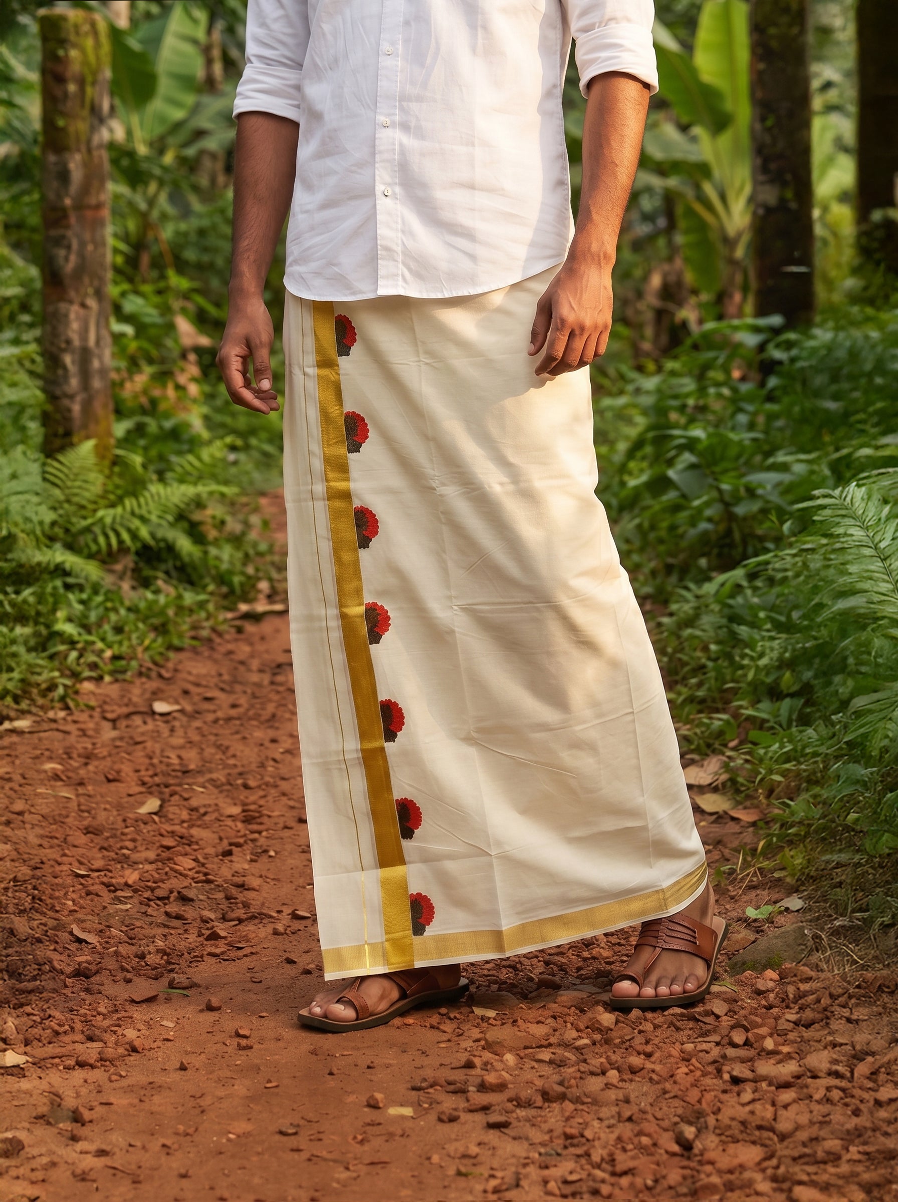 Men's Cotton Cream Black Lord Krishna With Golden Kasavu Dhoti