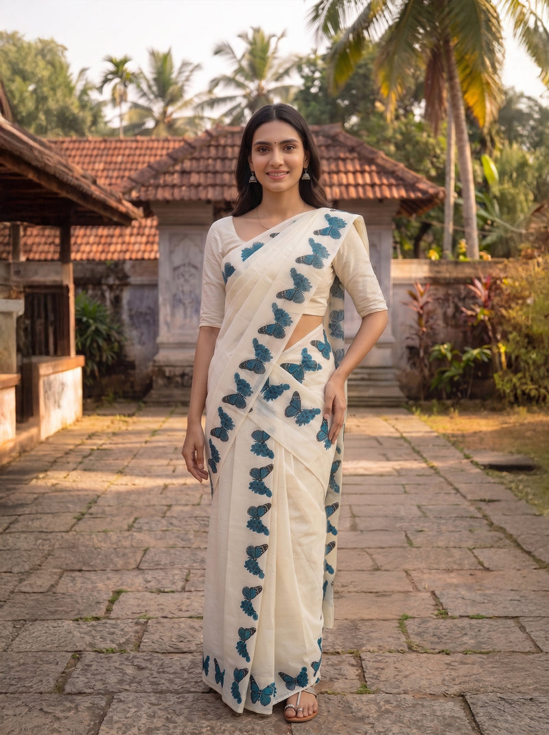 Woman wearing a white saree with blue butterfly patterns in an outdoor setting.